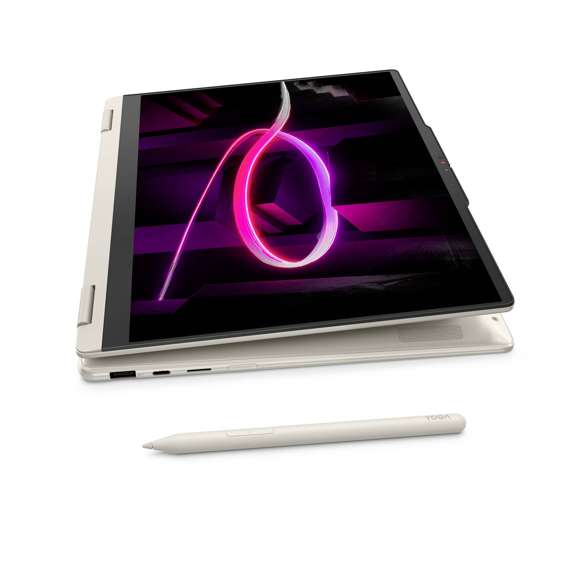 Gefalteter 2-in-1-Laptop-Tablet mit neon-rosa abstraktem Motiv, darunter ein Eingabestift platziert.