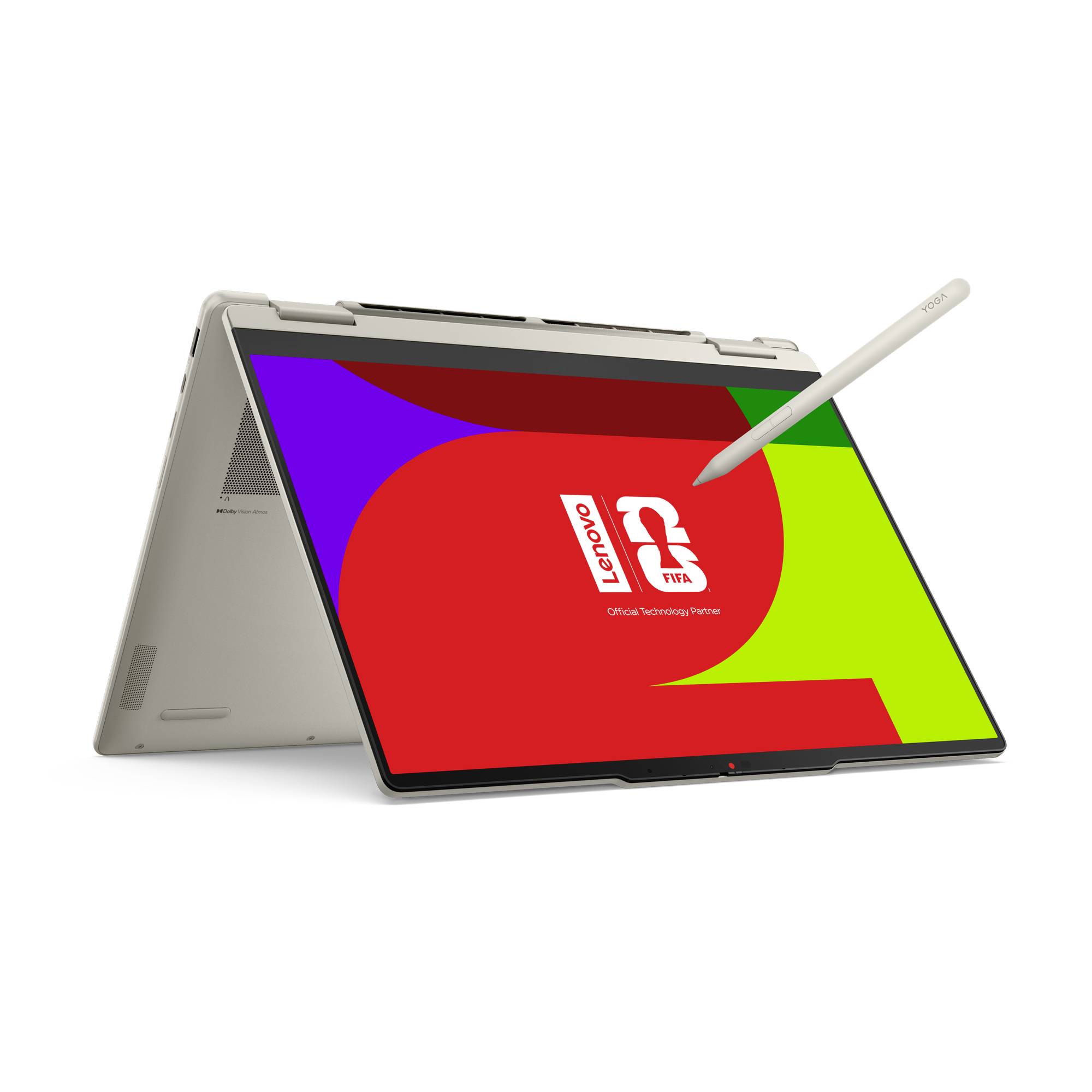 Lenovo 2-in-1 Laptop im Zeltmodus mit Stift, der das Touchscreen-Display berührt.