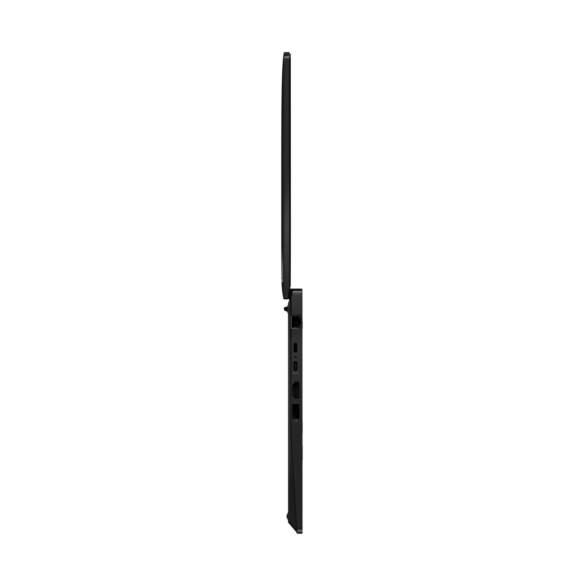 Seitenansicht eines dünnen schwarzen Laptops oder Tablets in geschlossener Position auf weißem Hintergrund.
