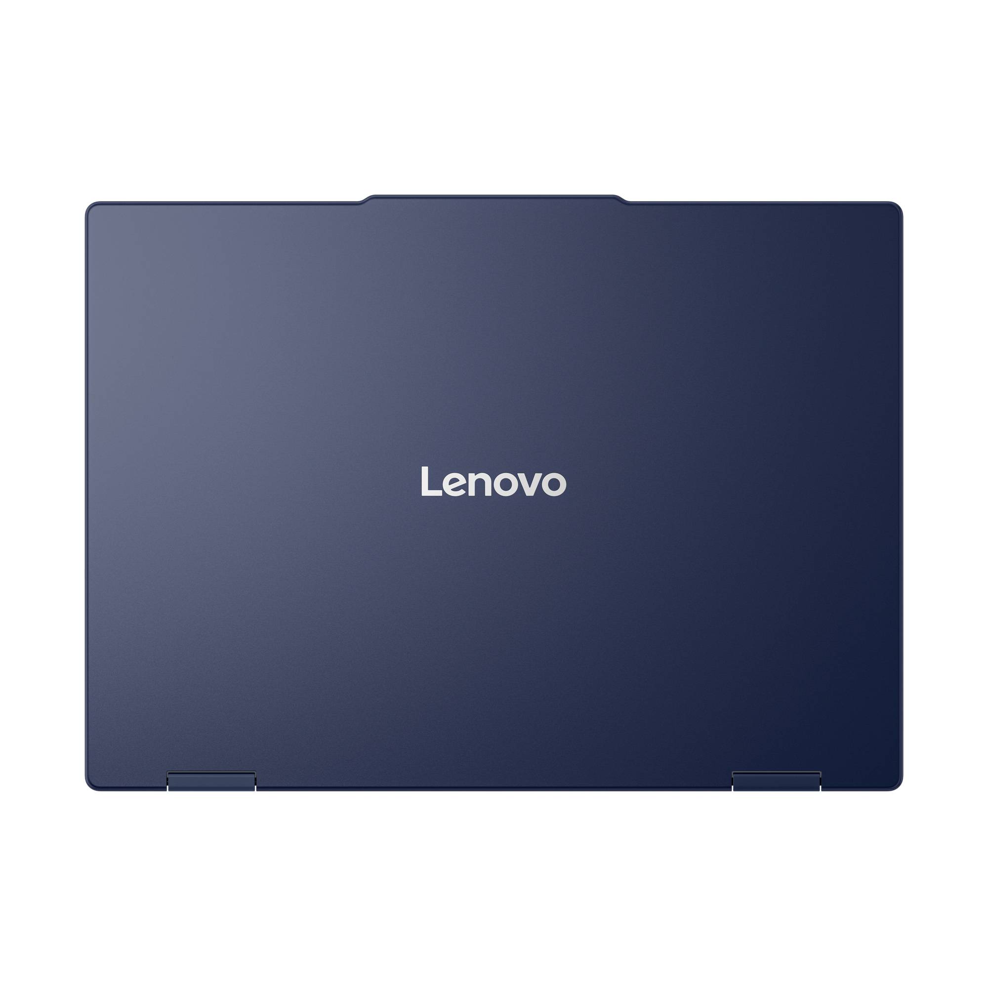 Geschlossener dunkelblauer Lenovo-Laptop mit zentriertem Lenovo-Logo auf weißem Hintergrund.