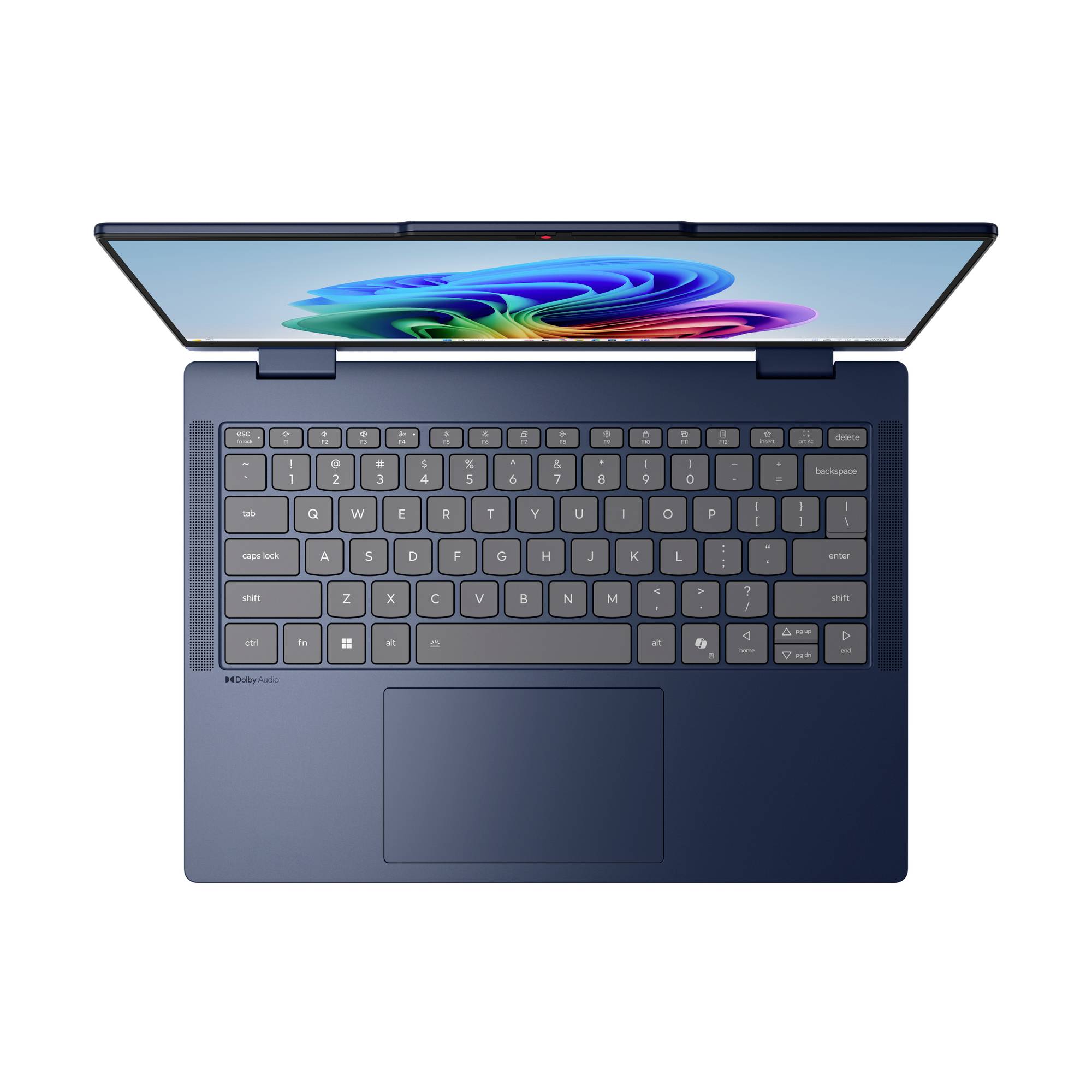 Laptop von oben gesehen mit dunkelblauer Tastatur und großem Touchpad, auf dem Bildschirm wird eine bunte abstrakte Tapete angezeigt.