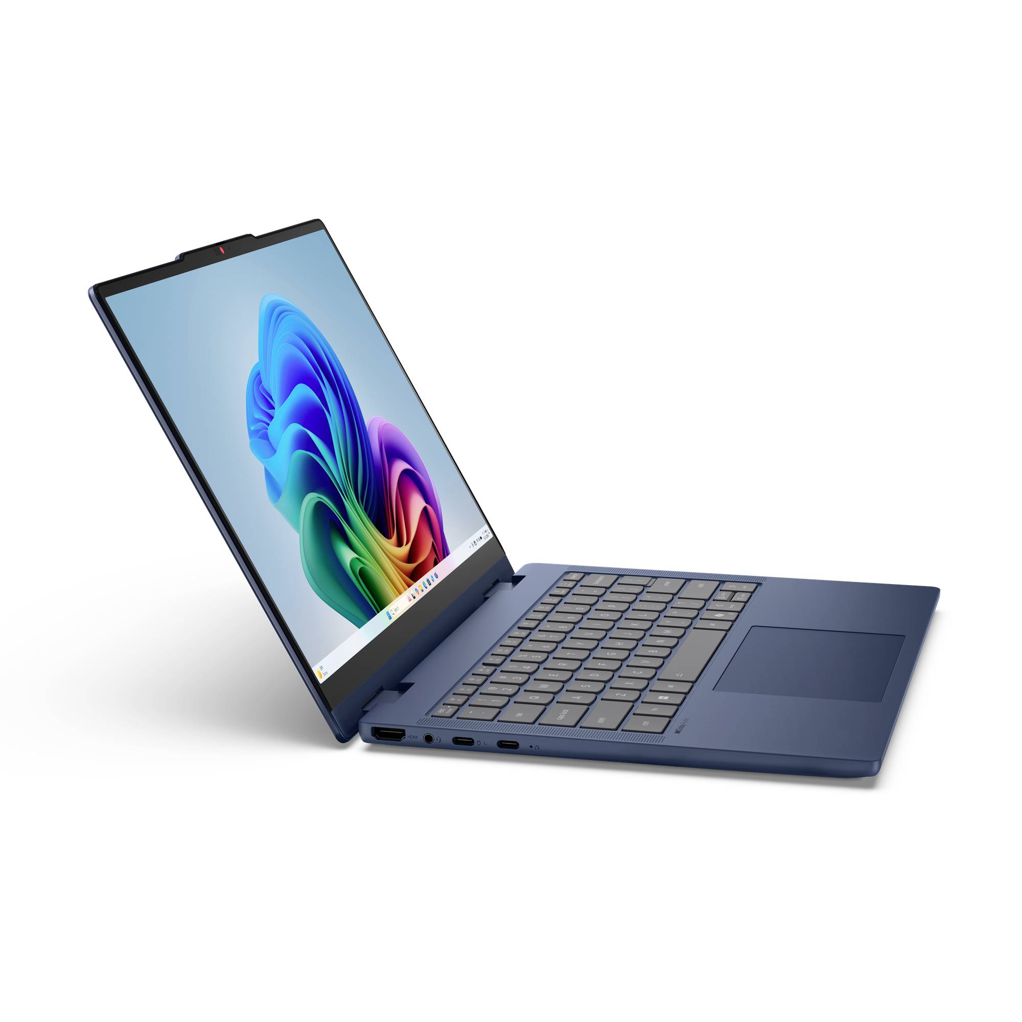 Blauer Laptop in einem Winkel geöffnet, zeigt ein buntes abstraktes Hintergrundbild auf dem Bildschirm und eine Tastatur mit Touchpad.
