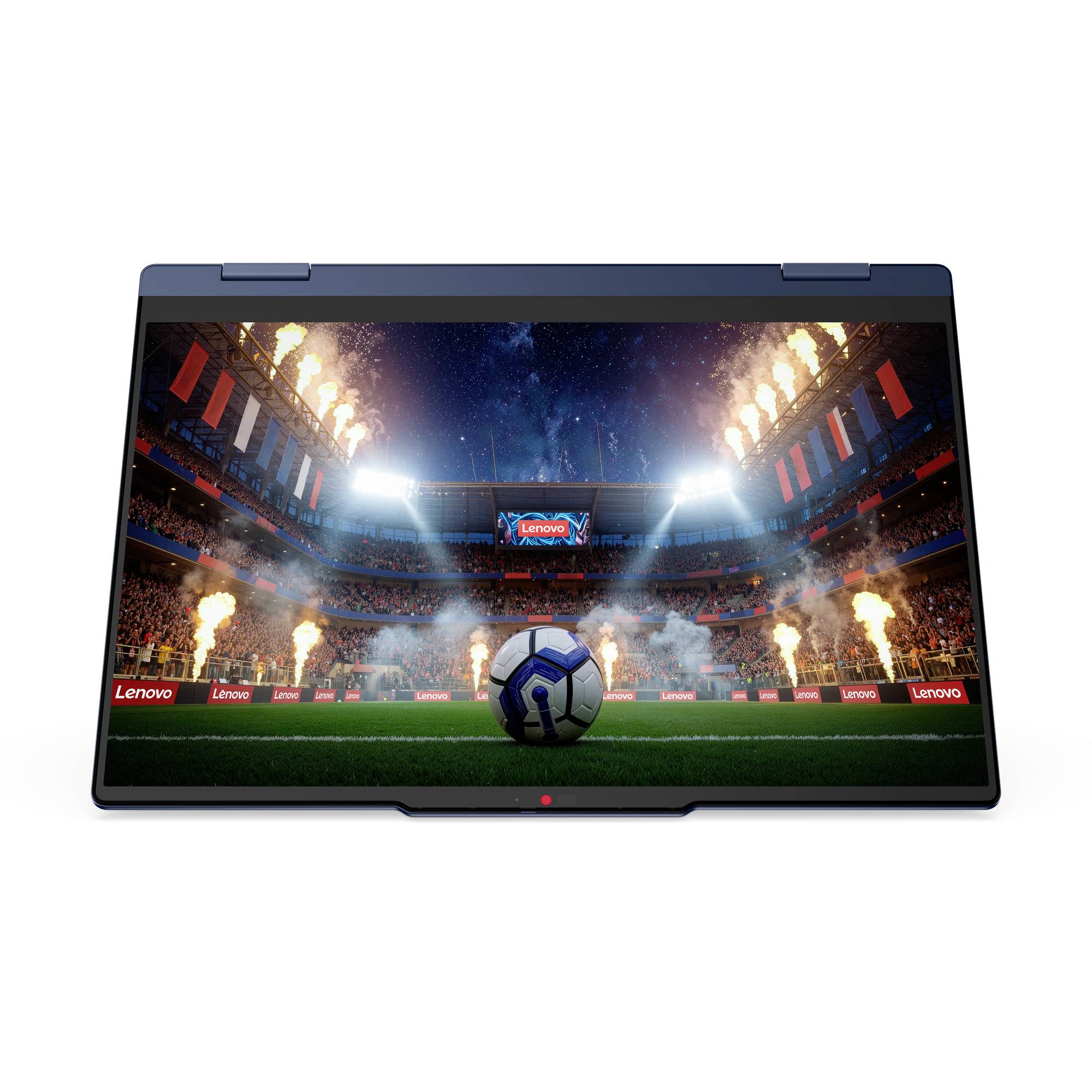 Laptop, auf dem ein Fußballstadion angezeigt wird, mit einem Ball auf dem Spielfeld und Feuerwerk, das die Tribünen erhellt, mit sichtbarem Lenovo-Branding.