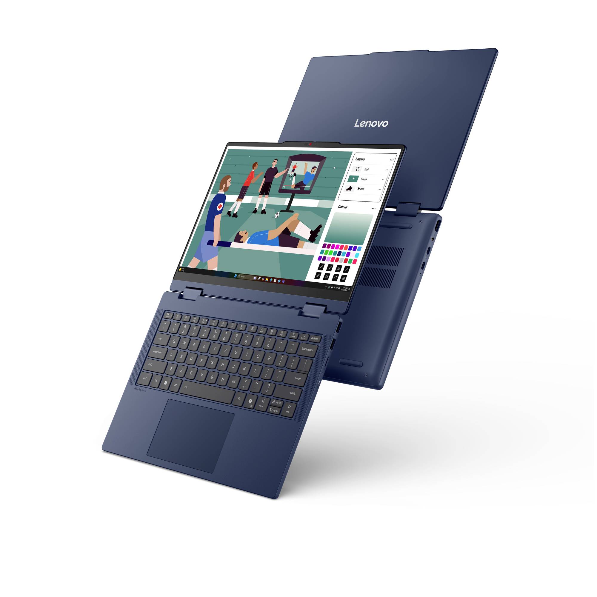 Blauer Lenovo 2-in-1-Laptop dargestellt, geöffnet und aufgestellt, mit Touchscreen, auf dem eine Zeichenanwendung und eine digitale Tastatur angezeigt werden.