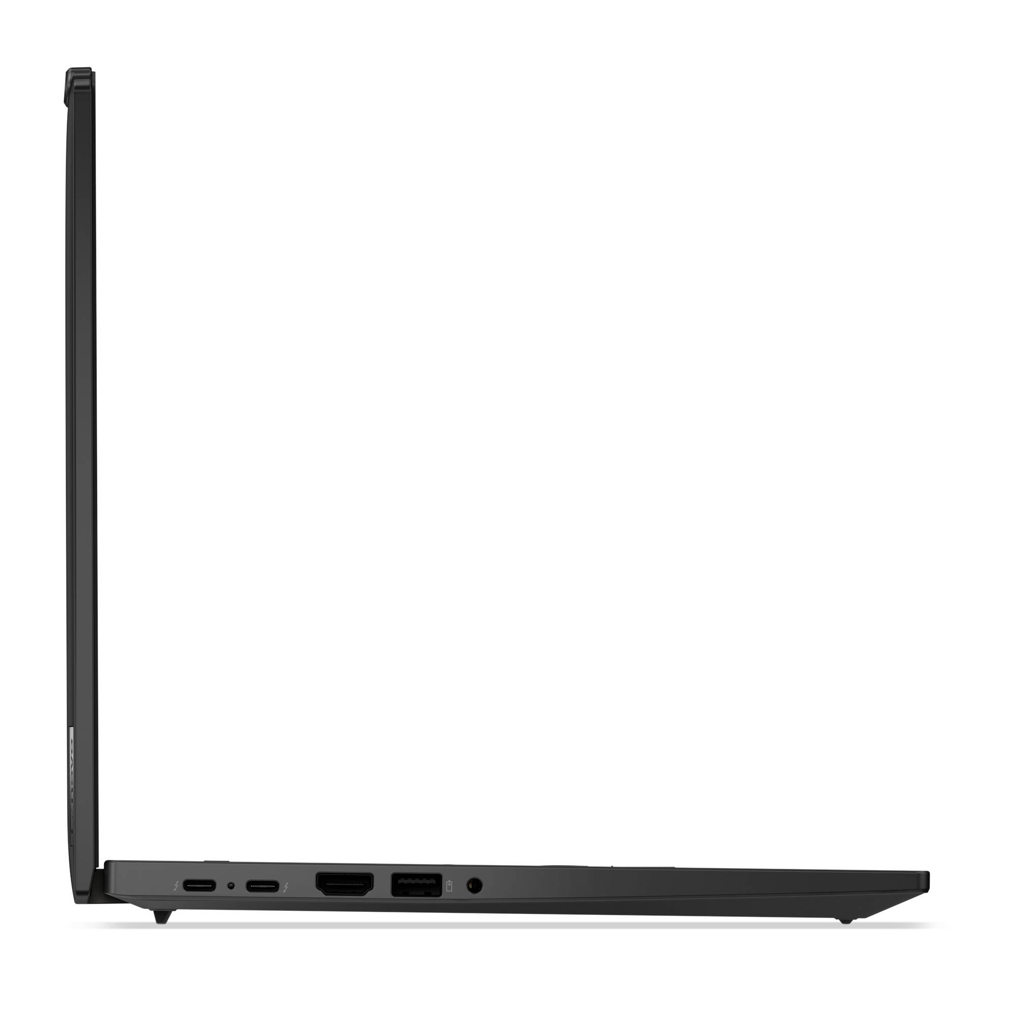 Dünner schwarzer Laptop in geschlossenem Zustand von der Seite gezeigt, der sein schlankes Profil, das Scharnier und einige Anschlüsse auf der linken Seite hervorhebt.