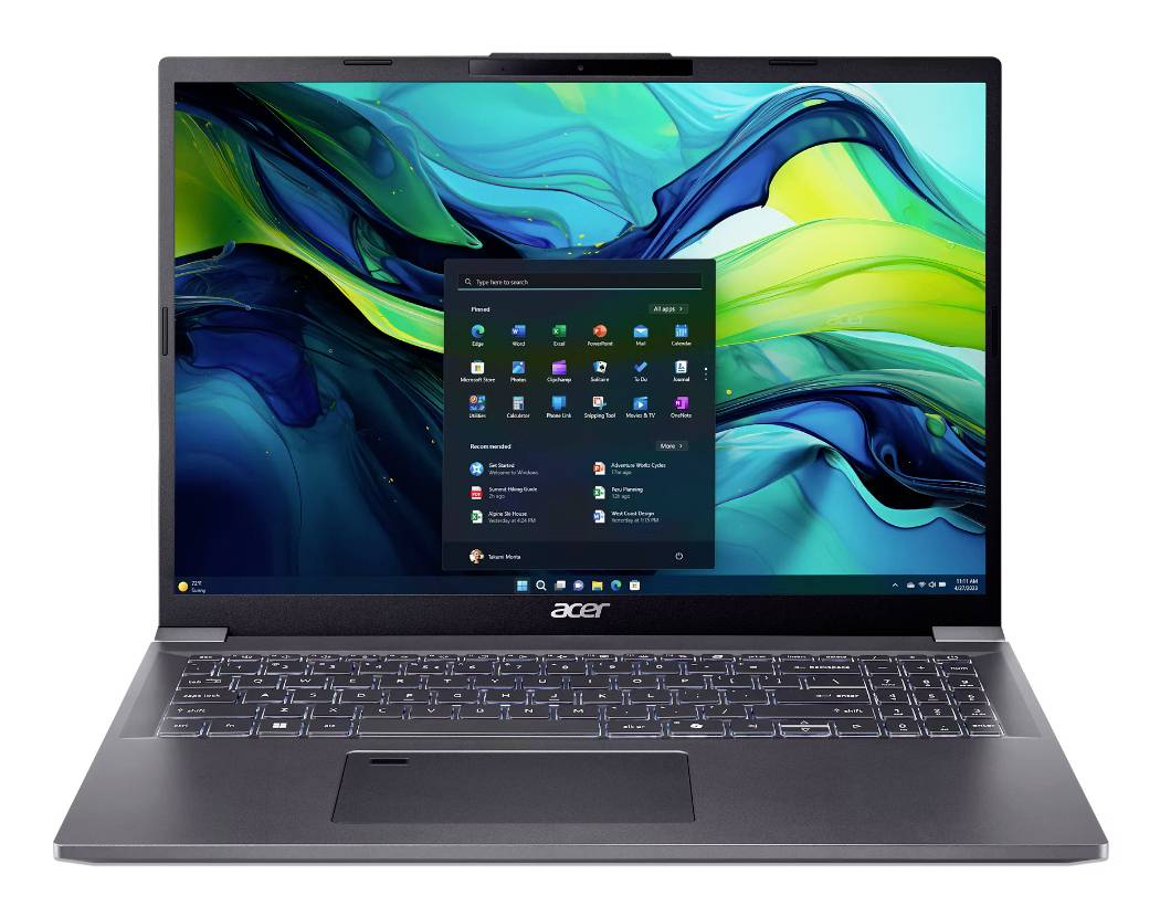Acer-Laptop mit Windows 11-Desktop und geöffnetem Startmenü auf dem Bildschirm, Vorderansicht vor weißem Hintergrund.