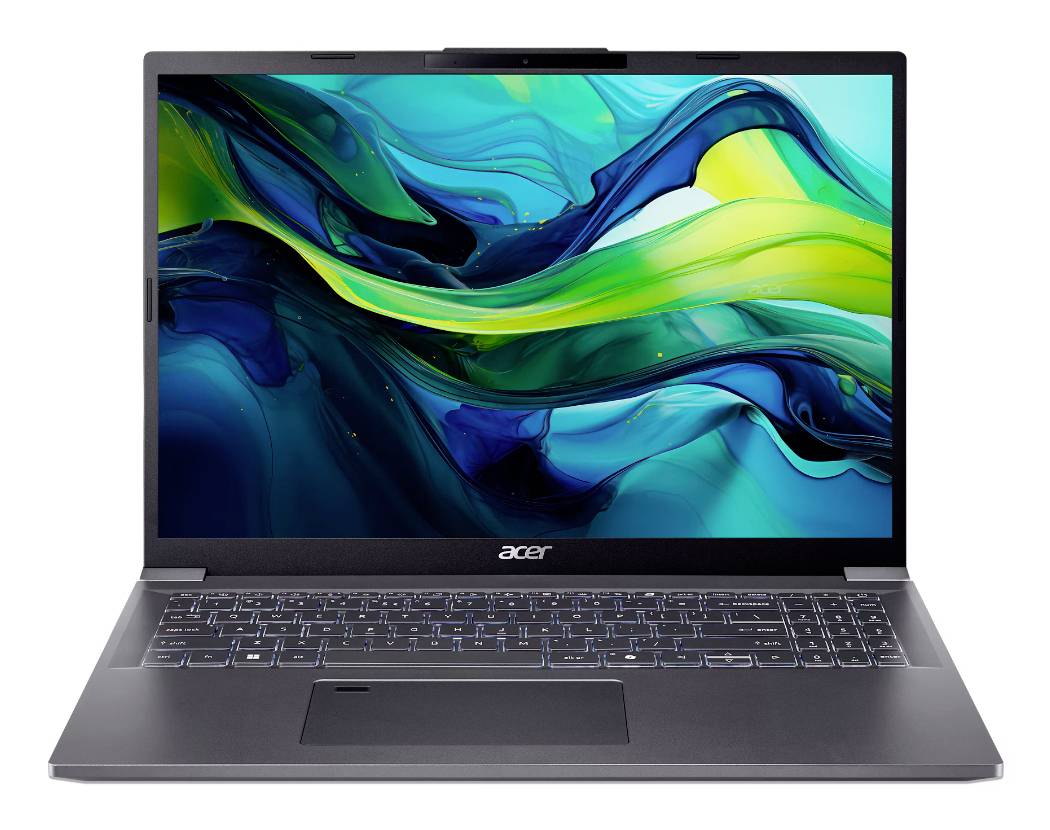 Offener Acer-Laptop mit großem Bildschirm, der eine abstrakte Tapete mit blauen, grünen und gelben Wellen zeigt.