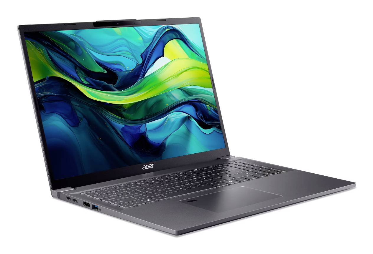 Acer-Laptop, der in einem Winkel geöffnet angezeigt wird und ein farbenfrohen abstrakten Wellenhintergrund auf dem Bildschirm zeigt.