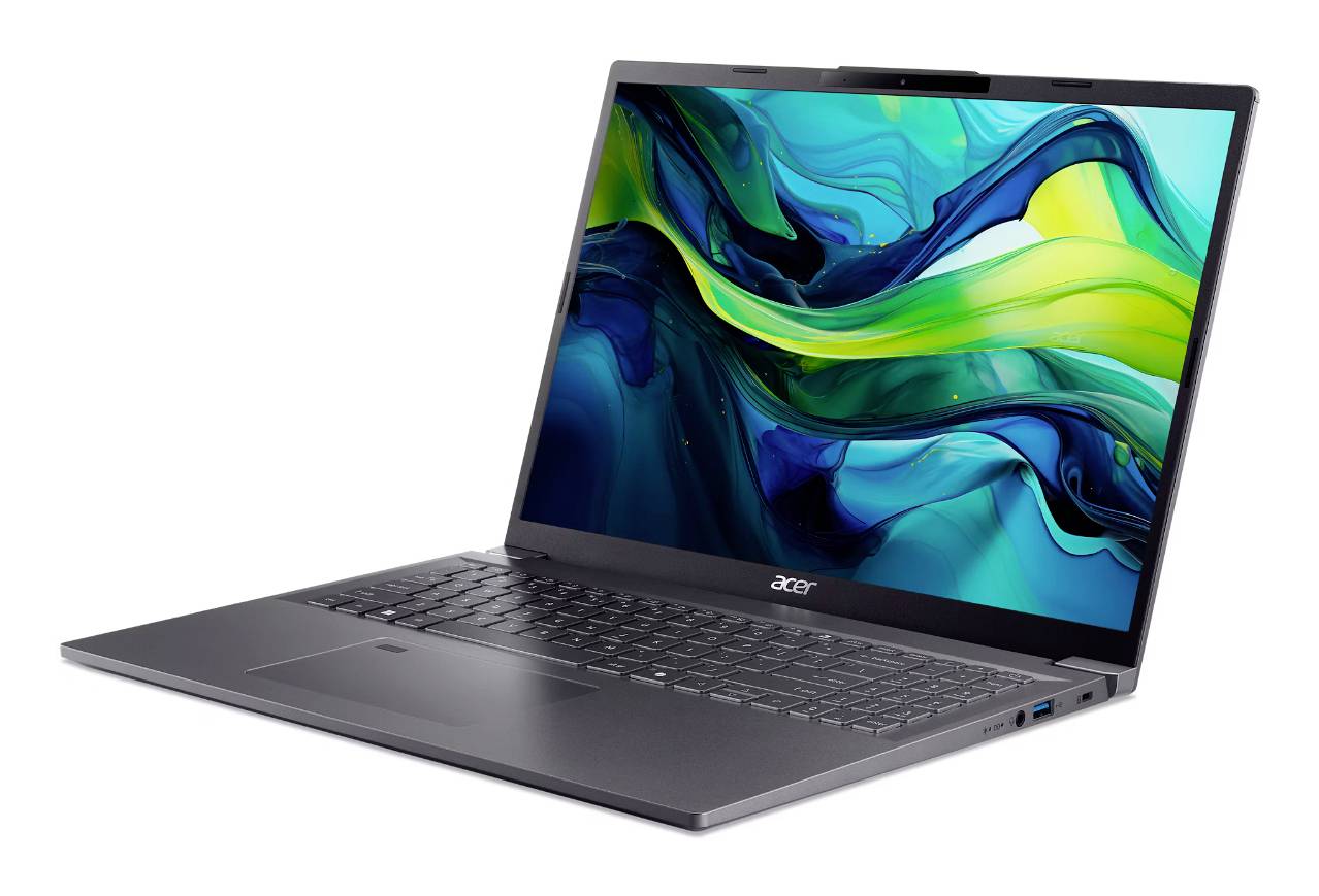 Ein grauer Acer-Laptop, der in einem Winkel geöffnet ist, zeigt ein farbenfrohes abstraktes Wellen-Hintergrundbild auf dem Bildschirm.