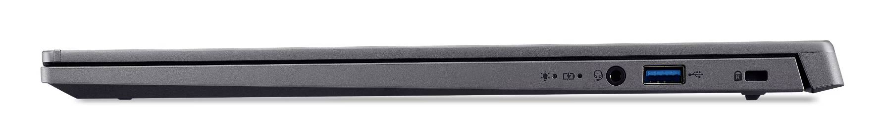 Seitenansicht eines geschlossenen Laptops, die ein schlankes Profil mit Anschlüssen und einem blauen USB-Anschluss auf der rechten Seite zeigt.