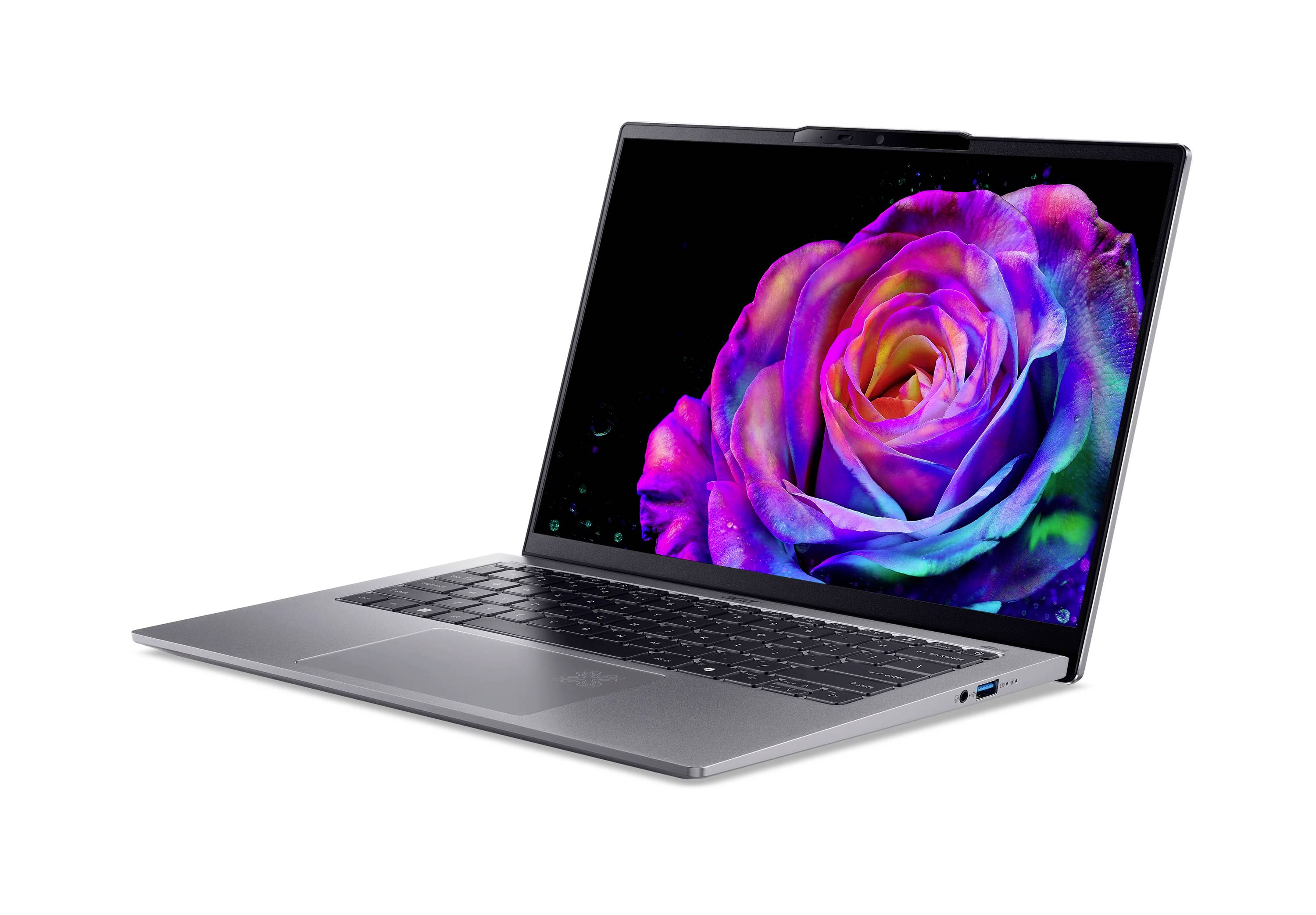 Silberner Laptop auf weißem Hintergrund, auf dem Display eine lebendige mehrfarbige Rose.