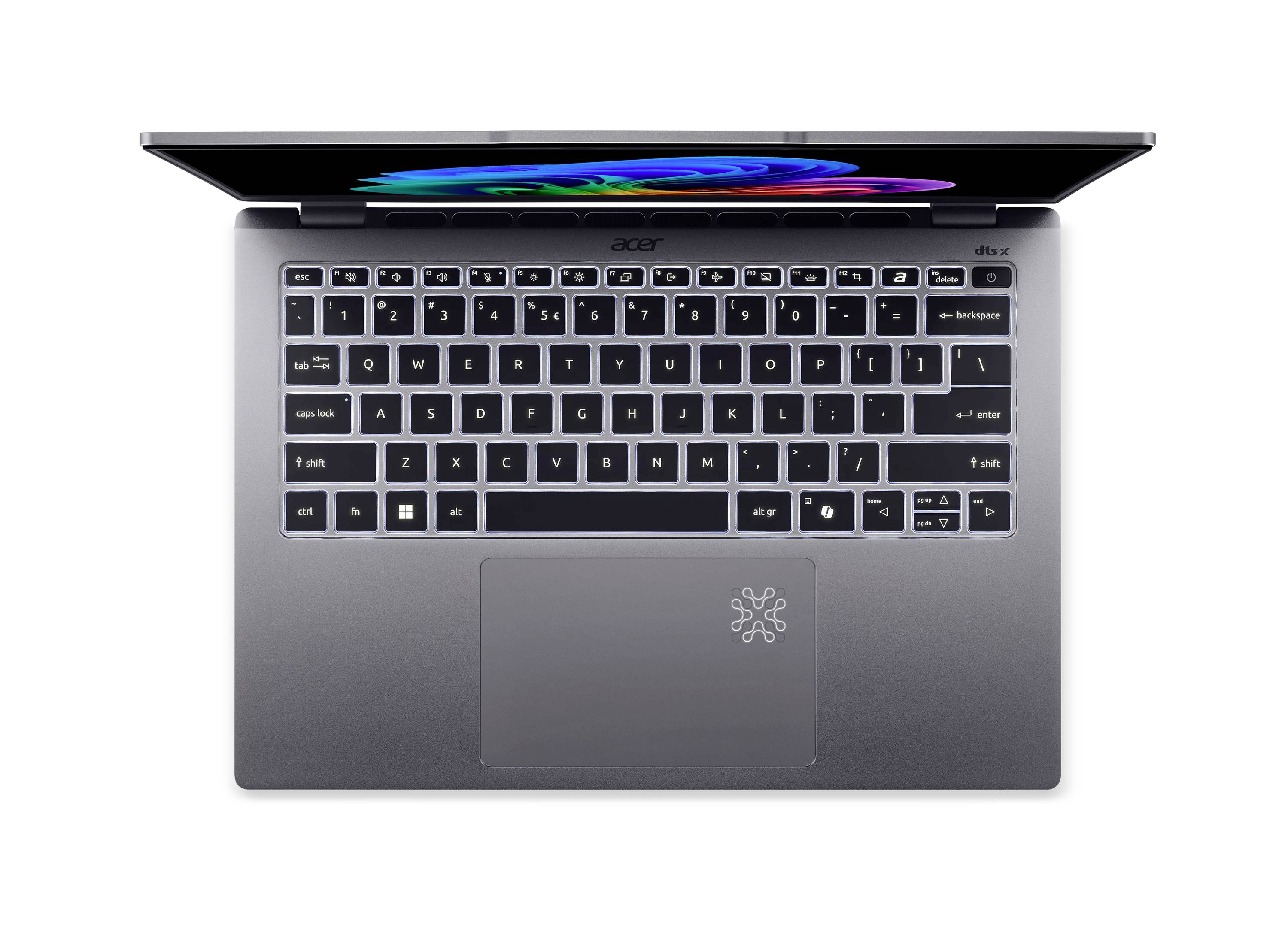 Draufsicht auf einen geöffneten Acer-Laptop, der die Tastatur und das Touchpad auf weißem Hintergrund zeigt.