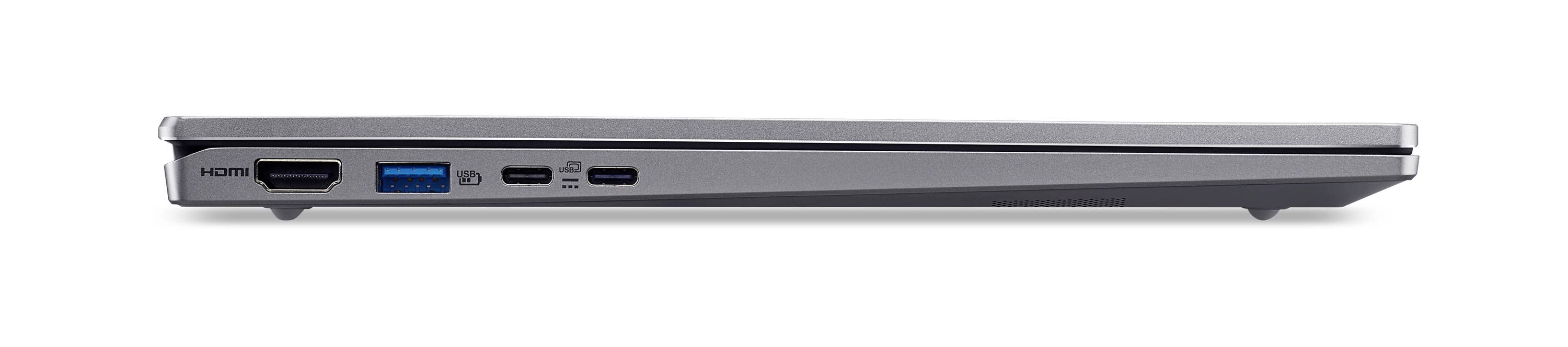 Seitenansicht eines dünnen silbernen Laptops, die die Anschlüsse an der linken Kante zeigt, einschließlich HDMI, USB und Audioverbindungen.