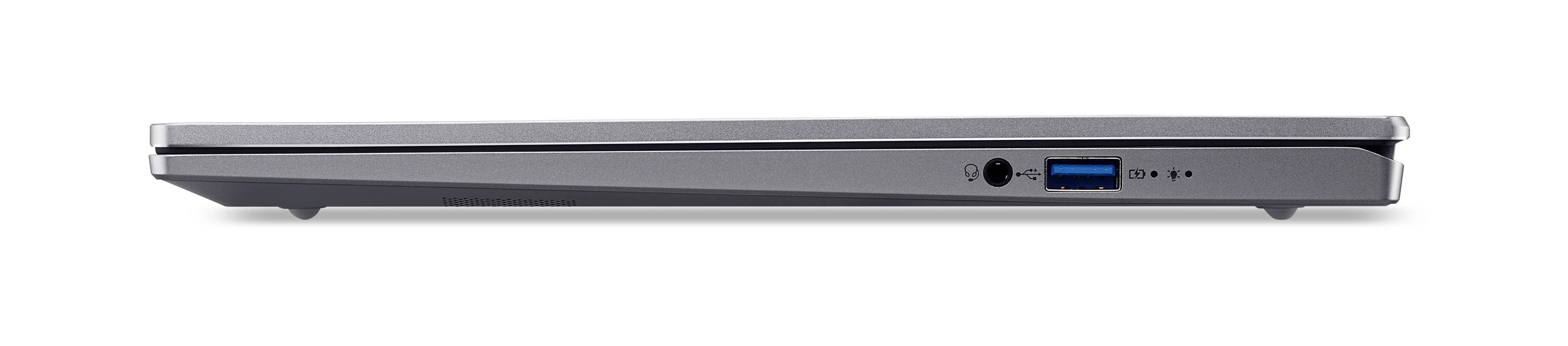 Seitenansicht eines geschlossenen silbernen Laptops mit schlankem Profil, Anschlüssen an der Vorderkante und einem blauen USB-Anschluss.