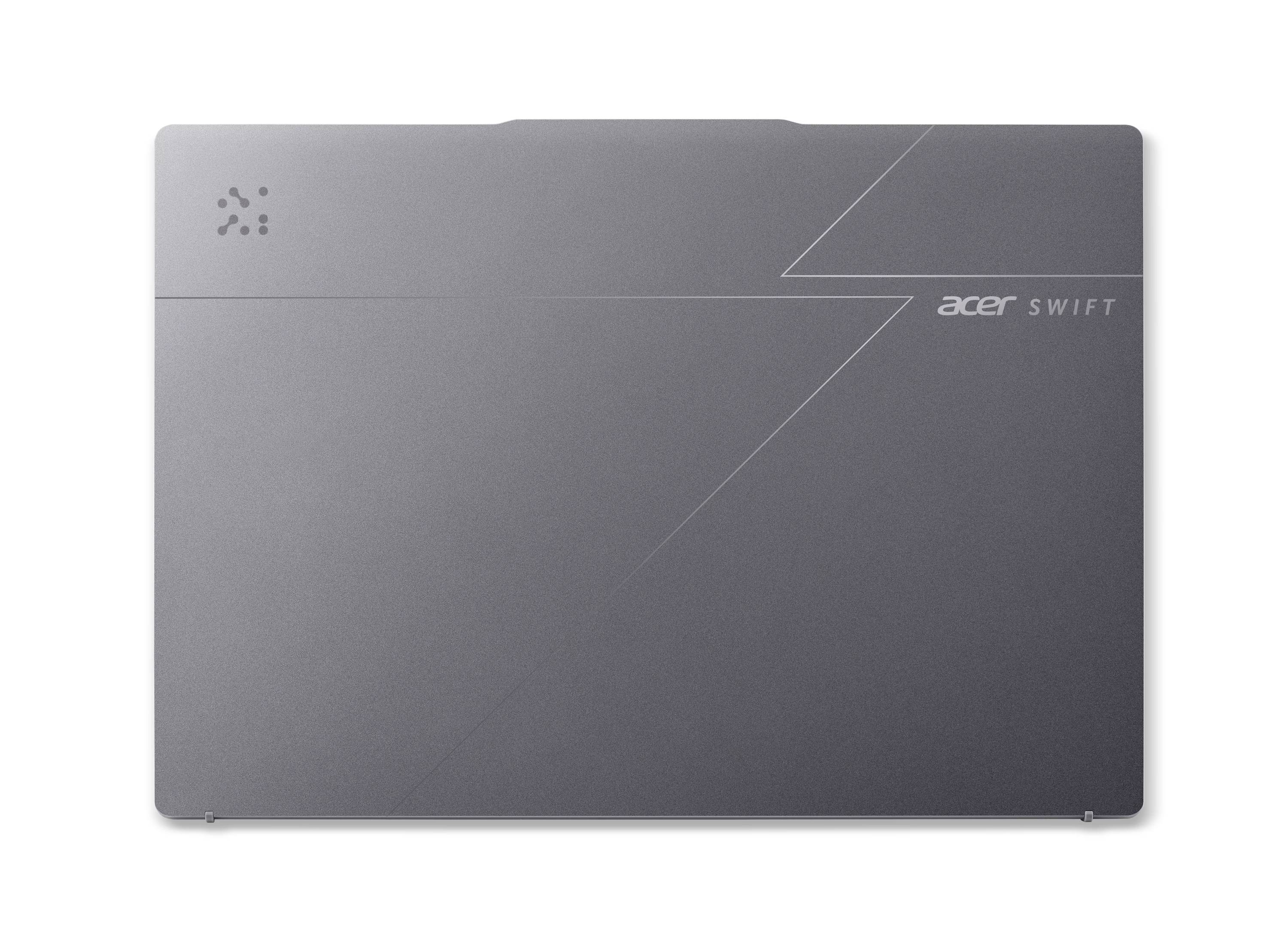 Geschlossener grauer Acer Swift Laptop mit subtilen geometrischen Linienakzenten und Logo oben rechts.