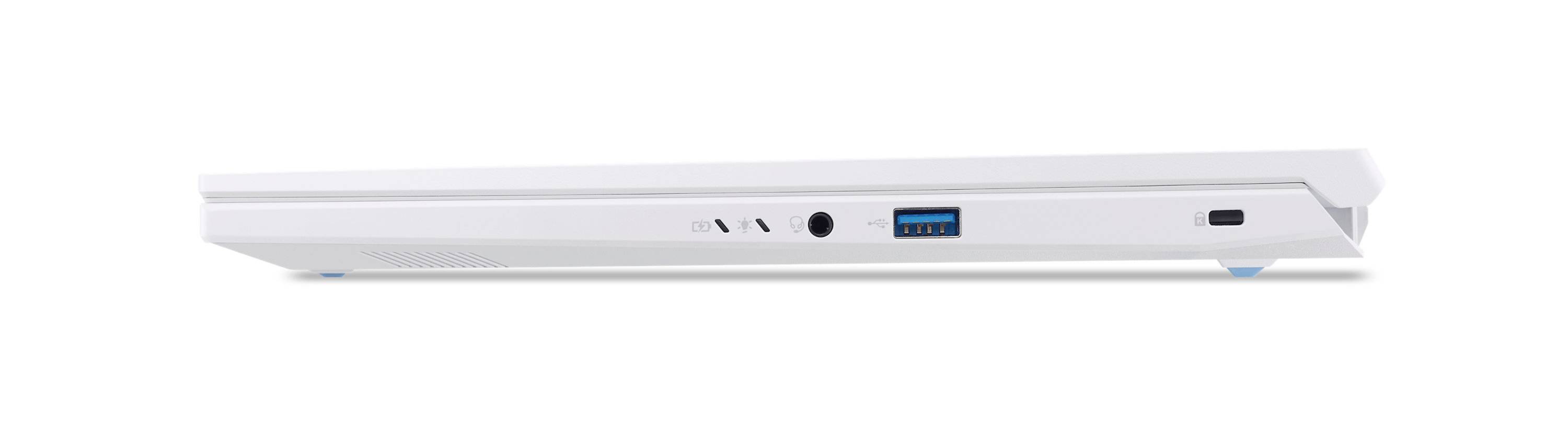 Weiße, wandmontierte Soundbar mit zentralem Lautsprechergitter, Statusleuchten, USB-Anschluss und Seitentasten auf einfachem Hintergrund.