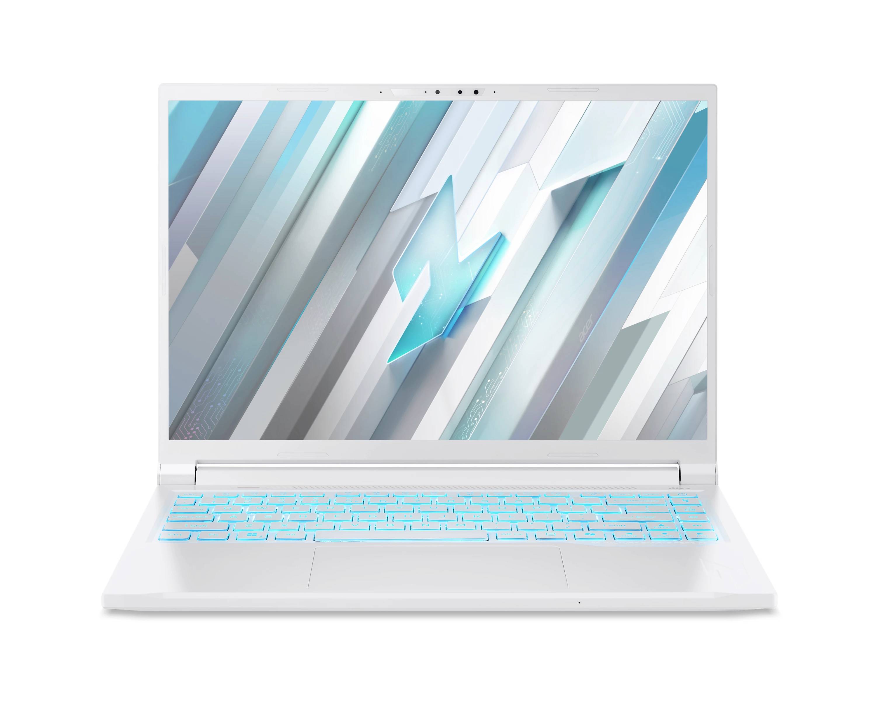 Weißer Laptop mit leuchtendem blauem Blitzsymbol auf dem Bildschirm und cyan hinterleuchtet Tastatur auf schlicht Hintergrund.