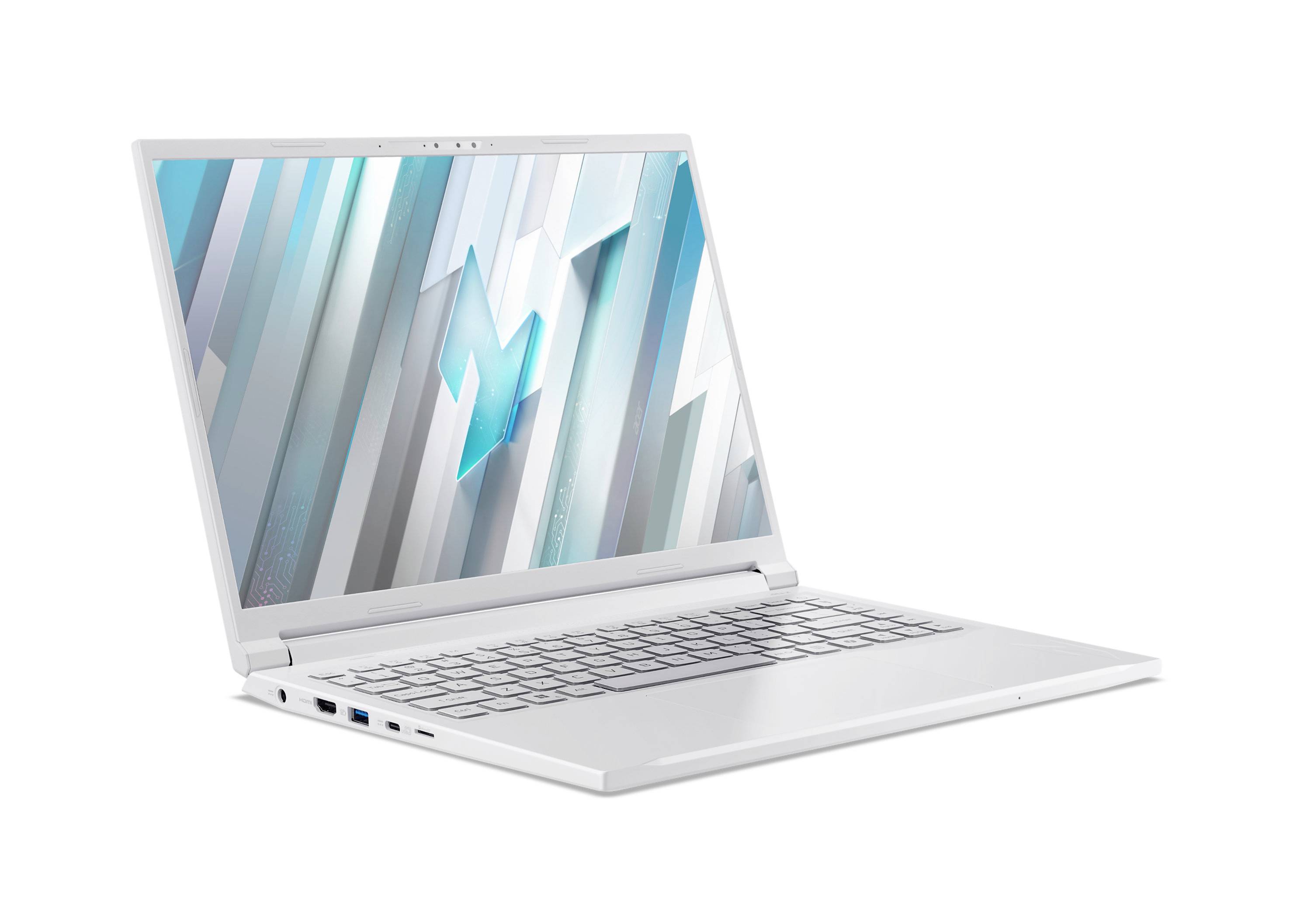 Weißer Laptop in einem Winkel geöffnet, mit blauem abstraktem geometrischem Hintergrund auf dem Bildschirm.