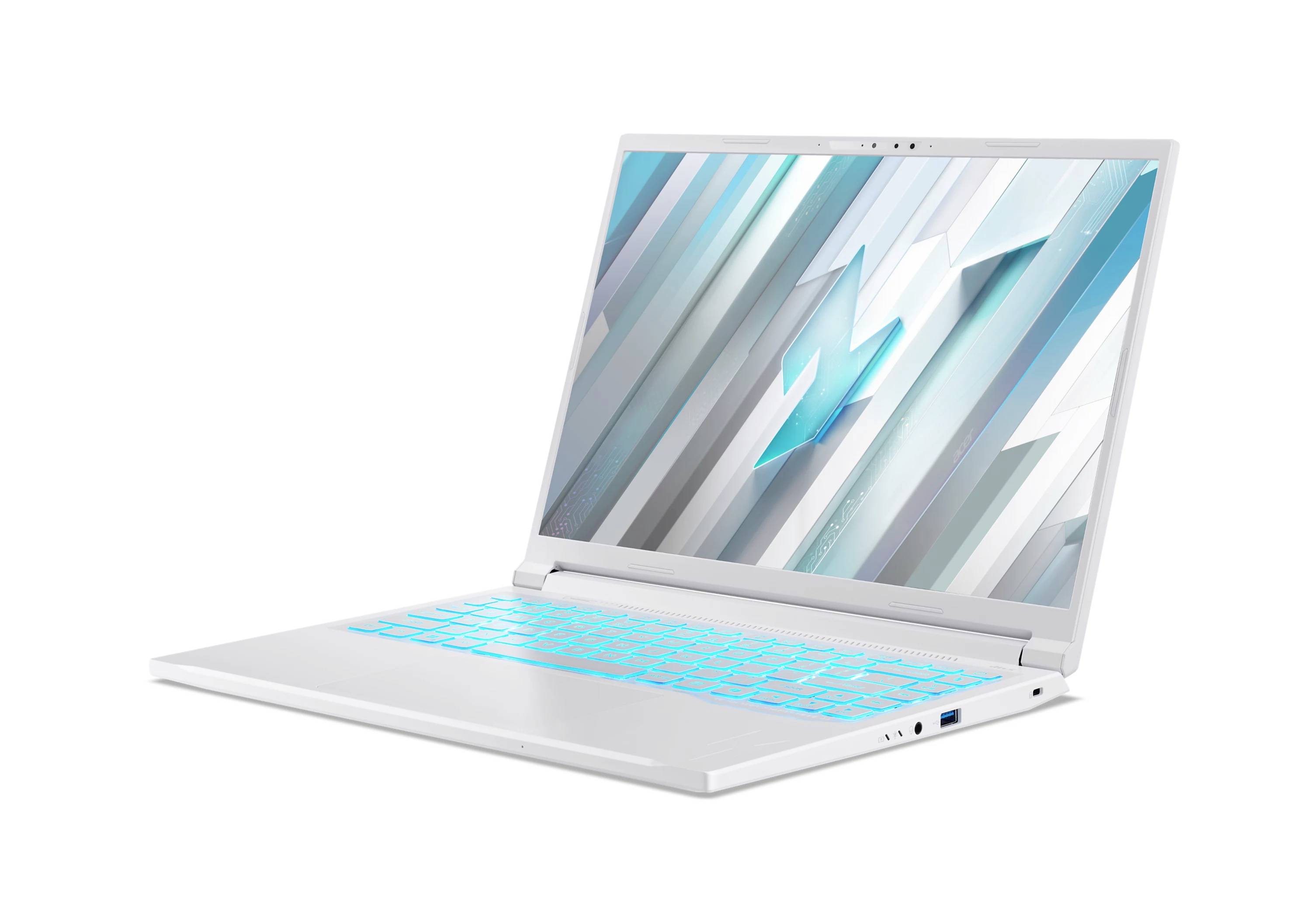 Weißer Laptop-Computer mit leuchtender blauer Tastatur und abstraktem geometrischen Hintergrund auf dem Bildschirm, auf einem einfachen Hintergrund gezeigt.