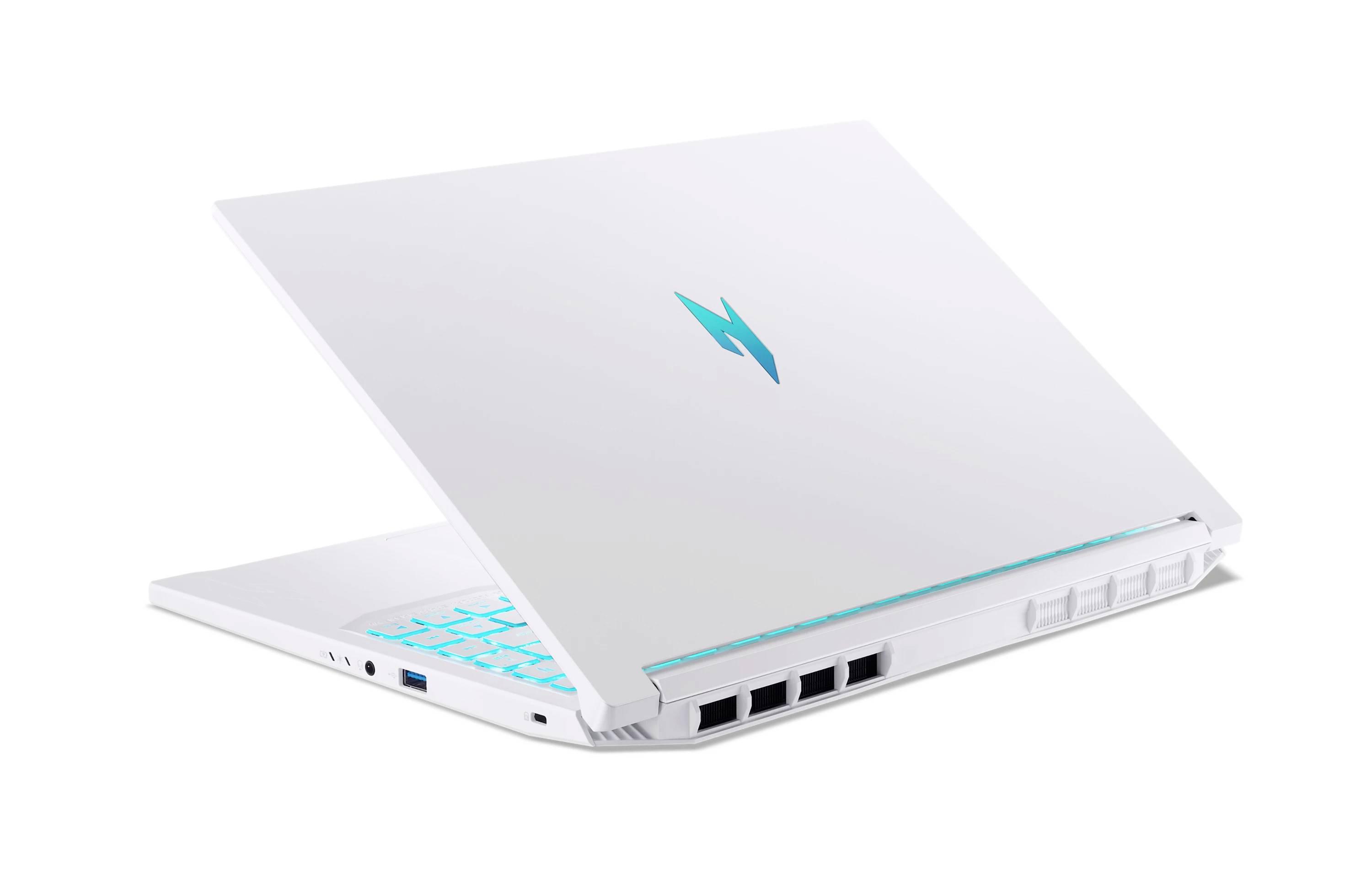 Weißer Laptop mit türkisem Blitzlogo und beleuchteter Tastatur, teilweise geöffnet auf einfachem weißem Hintergrund gezeigt.