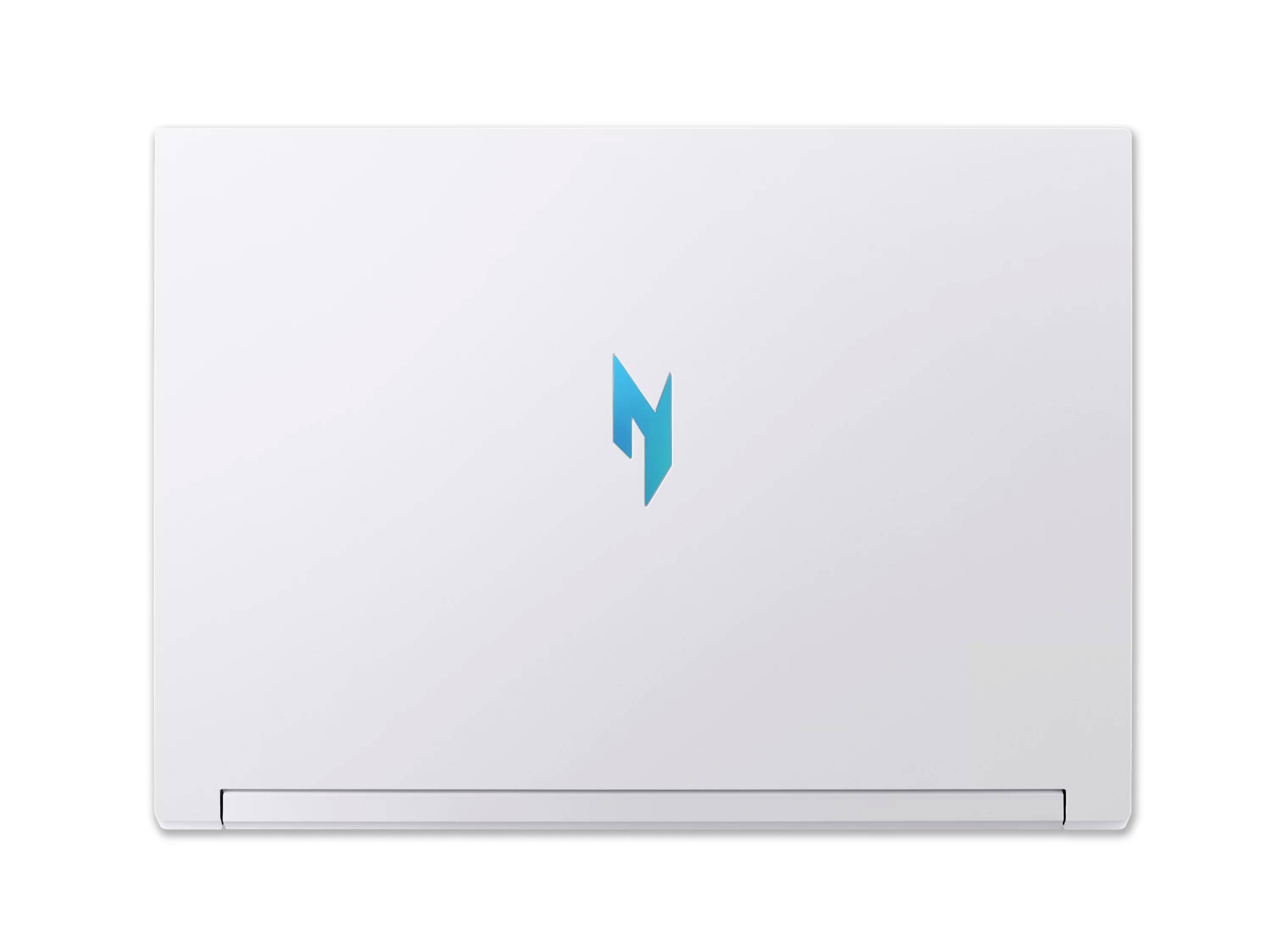 Geschlossener silberner Laptop mit kleinem blauem geometrischem Logo in der Mitte oben.