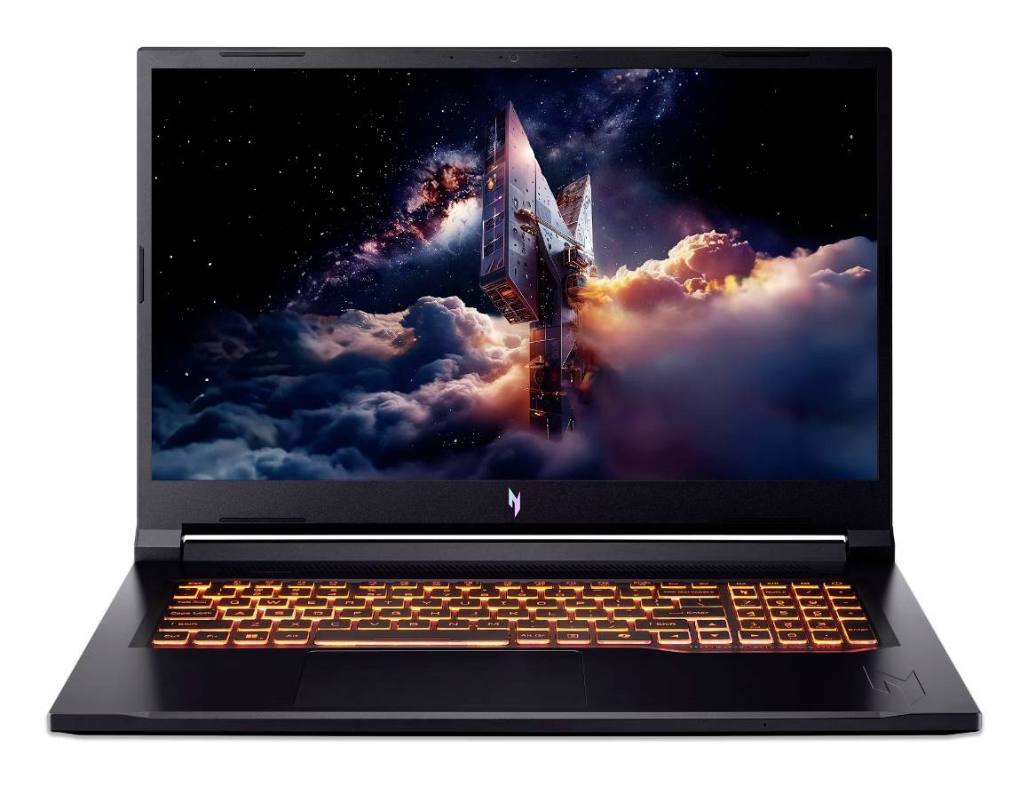 Ein Gaming-Laptop mit orangefarbig beleuchteter Tastatur zeigt ein weltraumbezogenes Bild auf seinem Bildschirm.