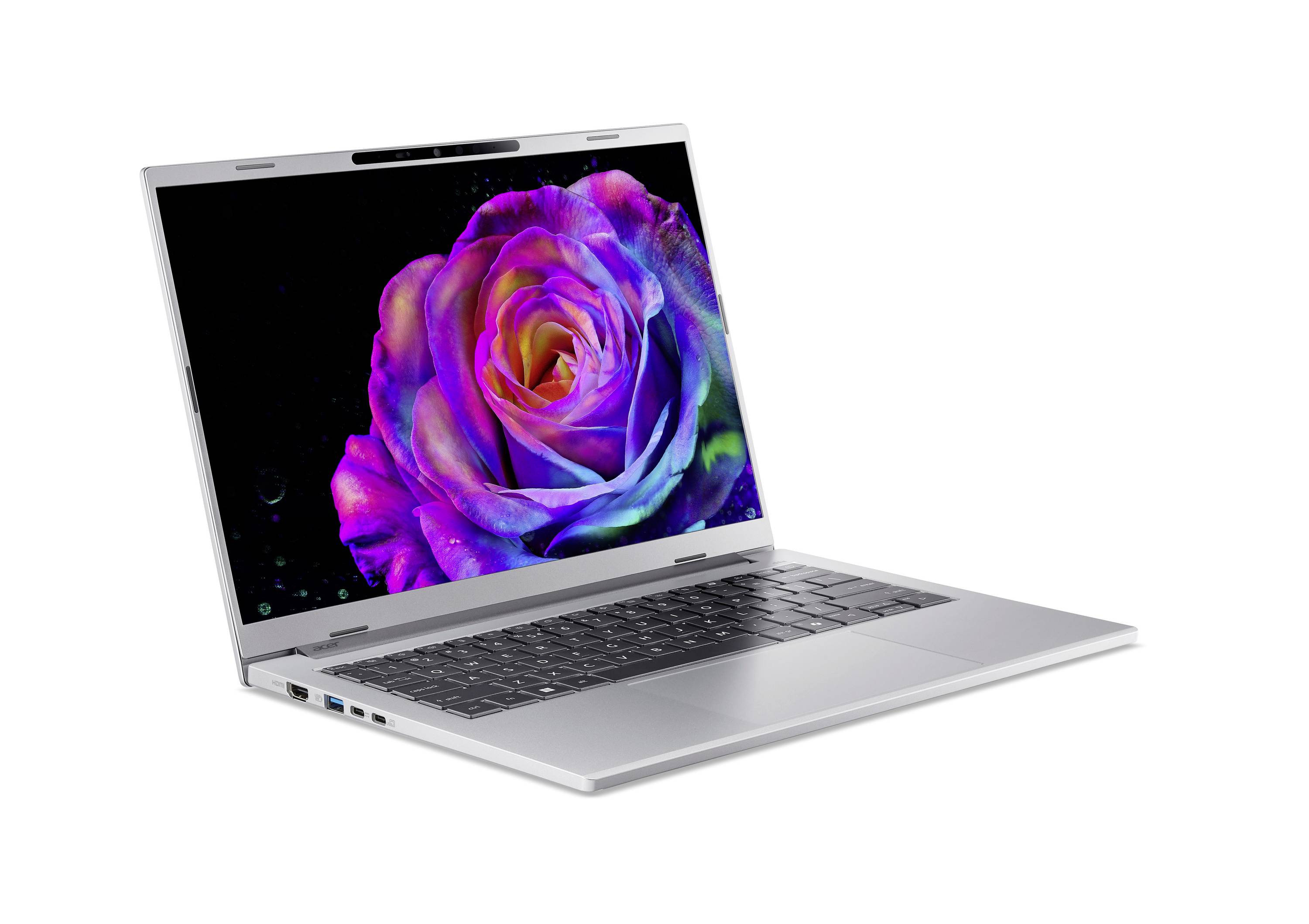 Silberner Laptop im schrägen Winkel geöffnet, zeigt eine leuchtend violette Rose auf dem Bildschirm vor schwarzem Hintergrund.