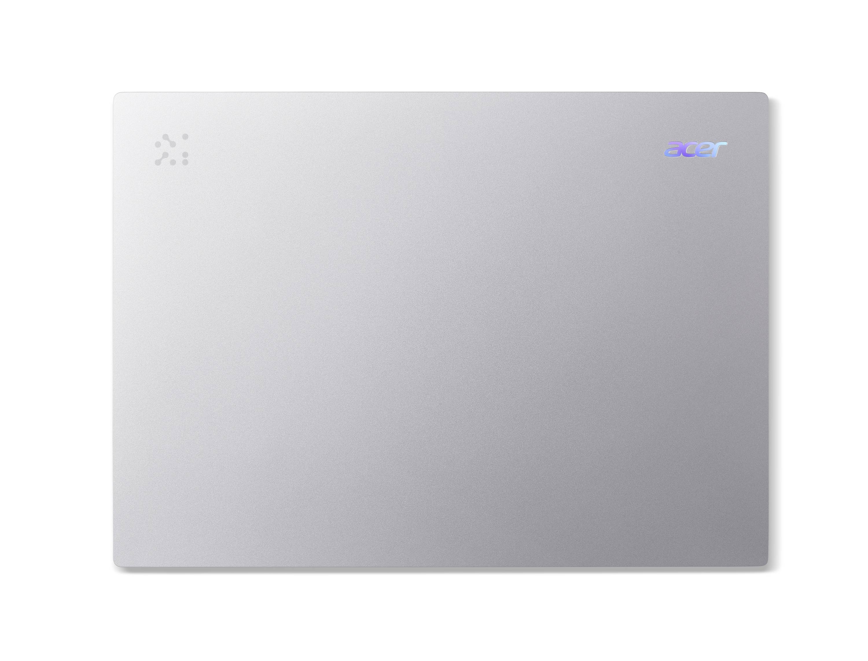 Geschlossener silberner Acer-Laptop mit minimalistischem Deckel und Acer-Logo oben rechts.