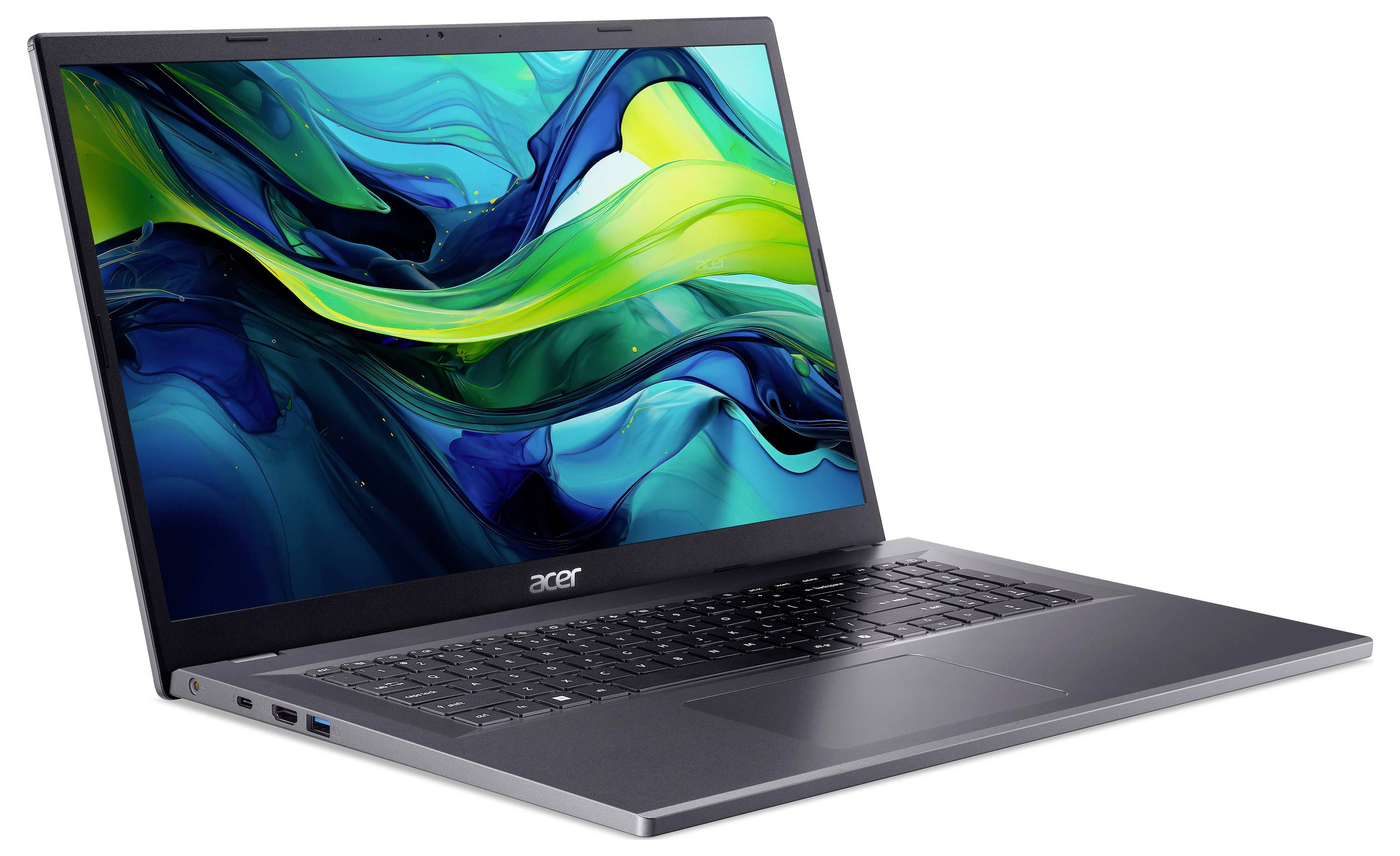 Acer-Laptop, offen auf weißem Hintergrund gezeigt, mit einem farbenfrohen abstrakten Hintergrundbild auf dem Bildschirm.