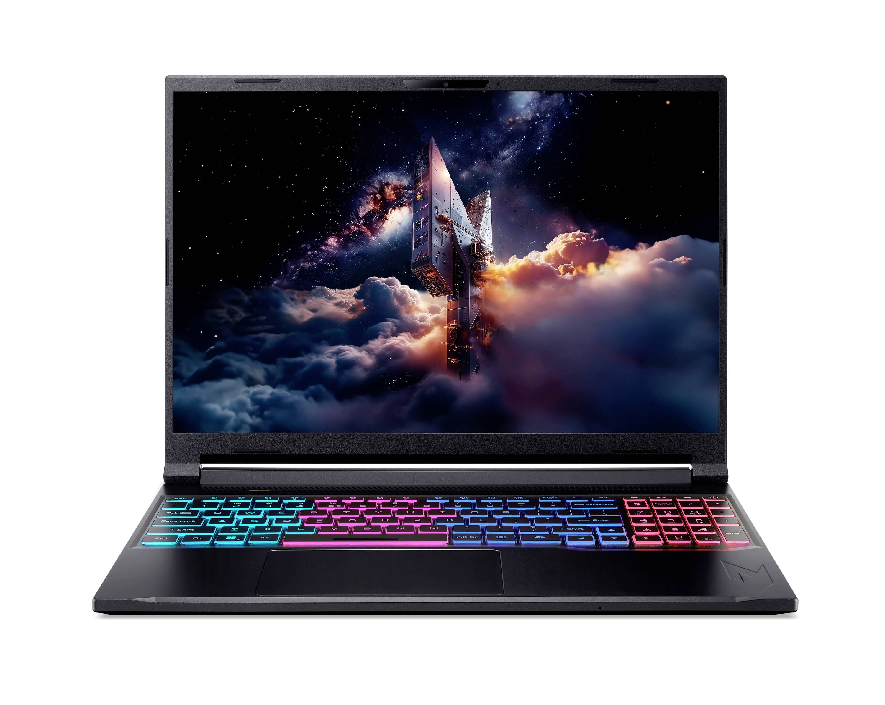 Gaming-Laptop mit farbenfroher RGB-Tastatur zeigt eine Science-Fiction-Rakete, die durch Wolken startet, auf dem Bildschirm