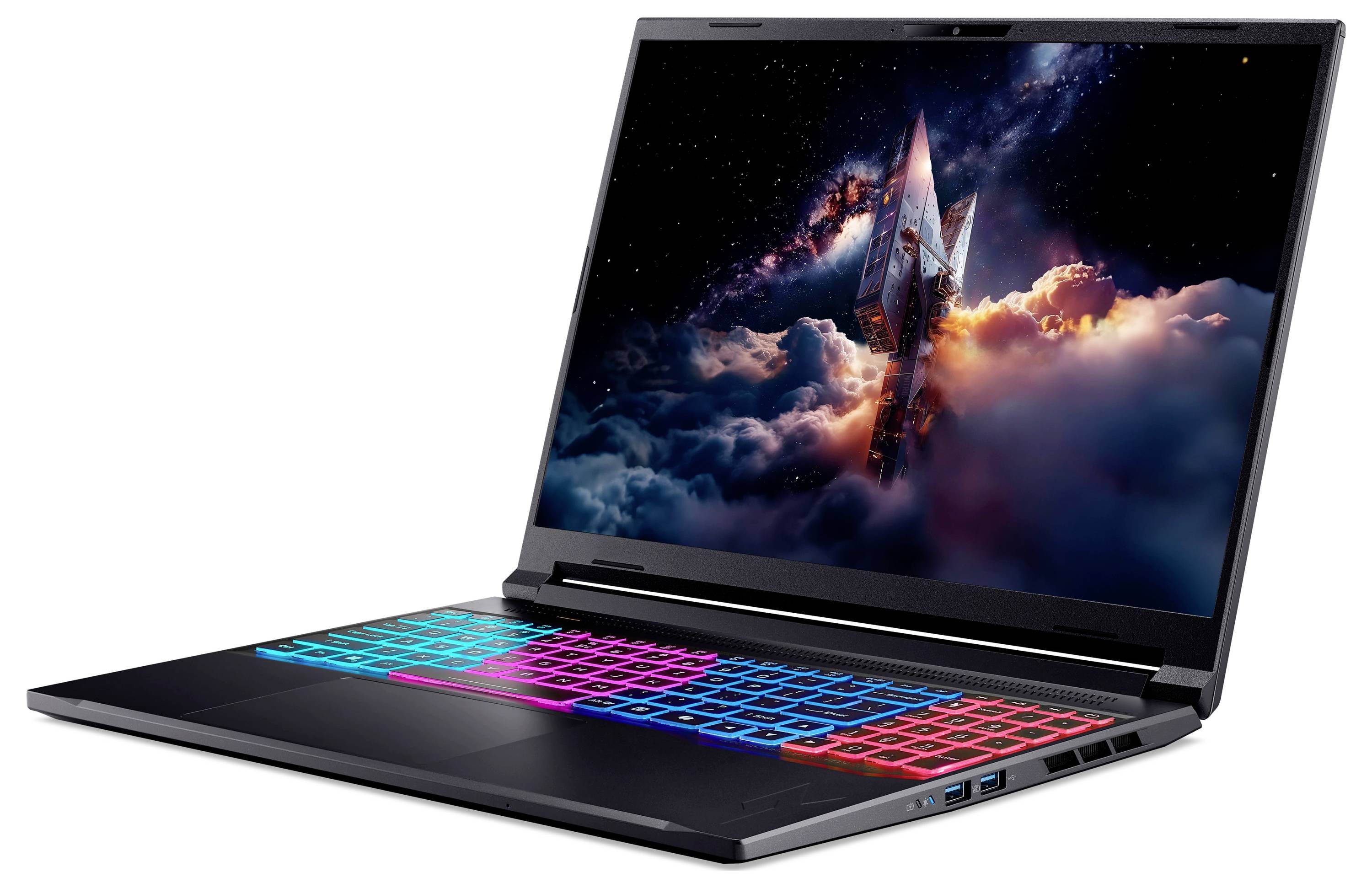Schwarzer Gaming-Laptop mit RGB-beleuchteter Tastatur und einem weltraum-thematischen Raketen-Hintergrundbild auf dem Bildschirm.