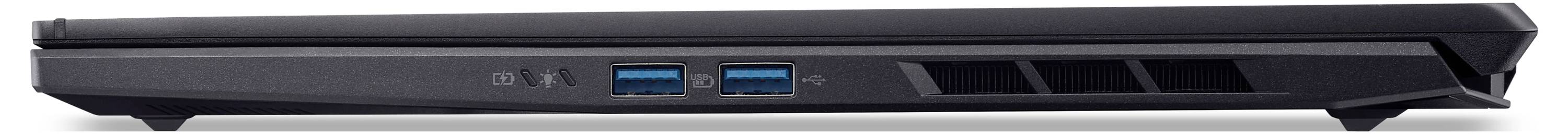 Seitenansicht eines schwarzen Laptops, die die Vorderkante mit zwei USB-Anschlüssen und Statusleuchten zeigt.