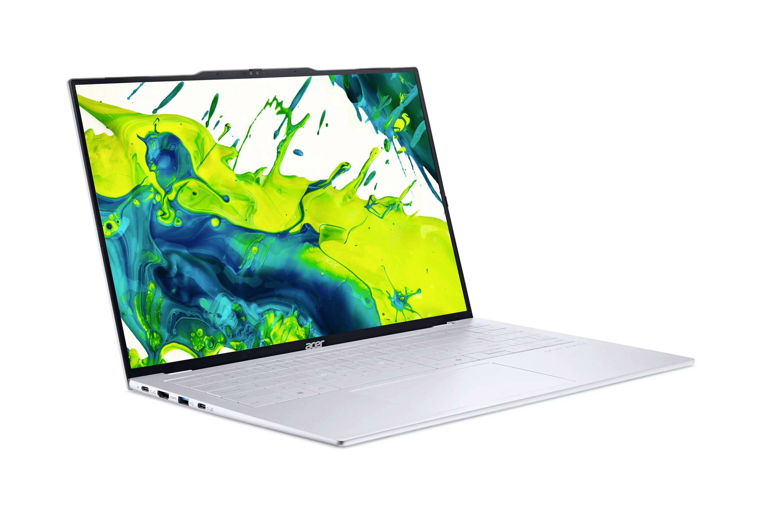 Offener weißer Laptop, schräg angezeigt, mit einem leuchtend grünen und blauen abstrakten Spritzer auf dem Bildschirm.