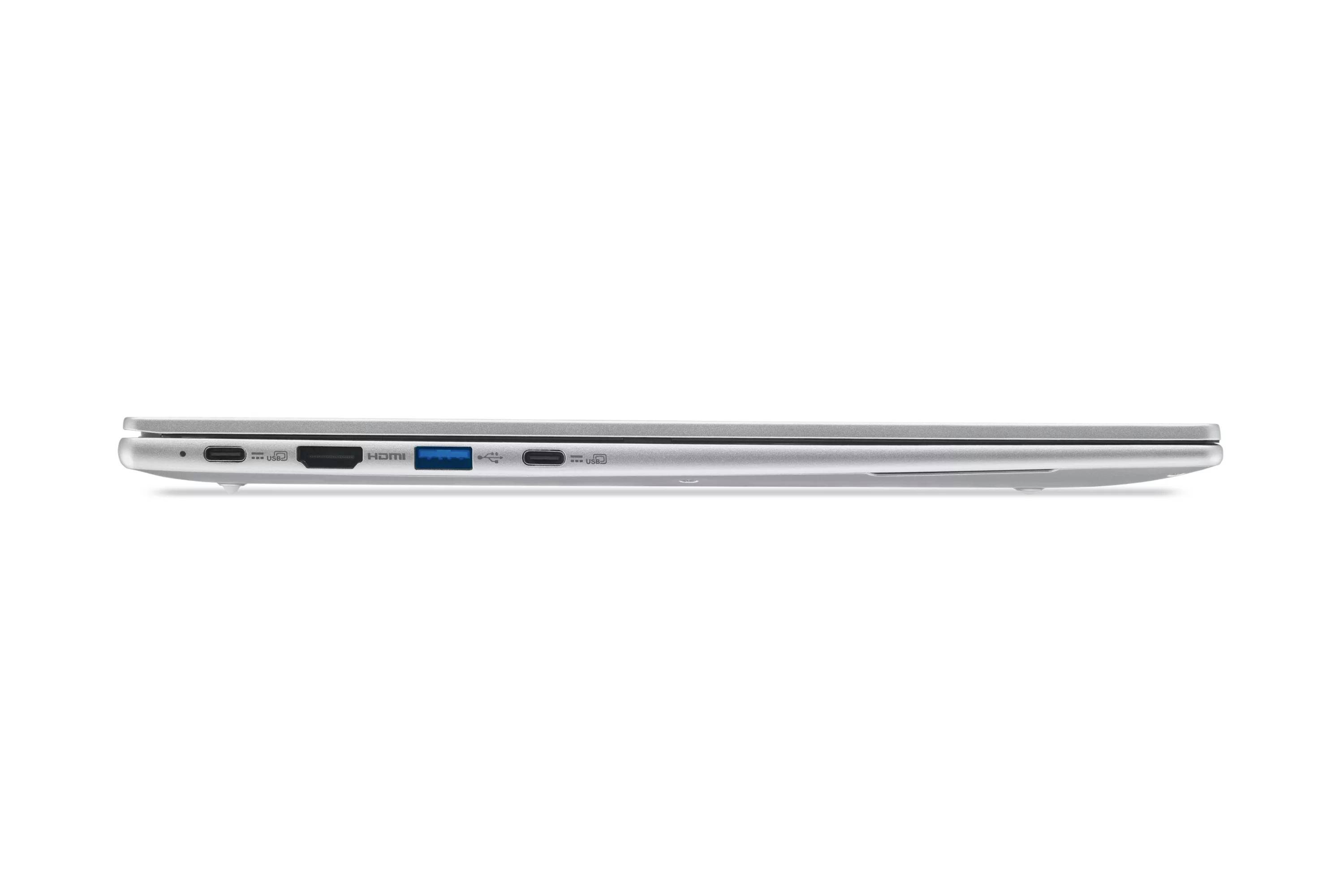 Seitenansicht eines geschlossenen silbernen Laptops, die sein dünnes Profil und die Anschlüsse auf der linken Seite zeigt.