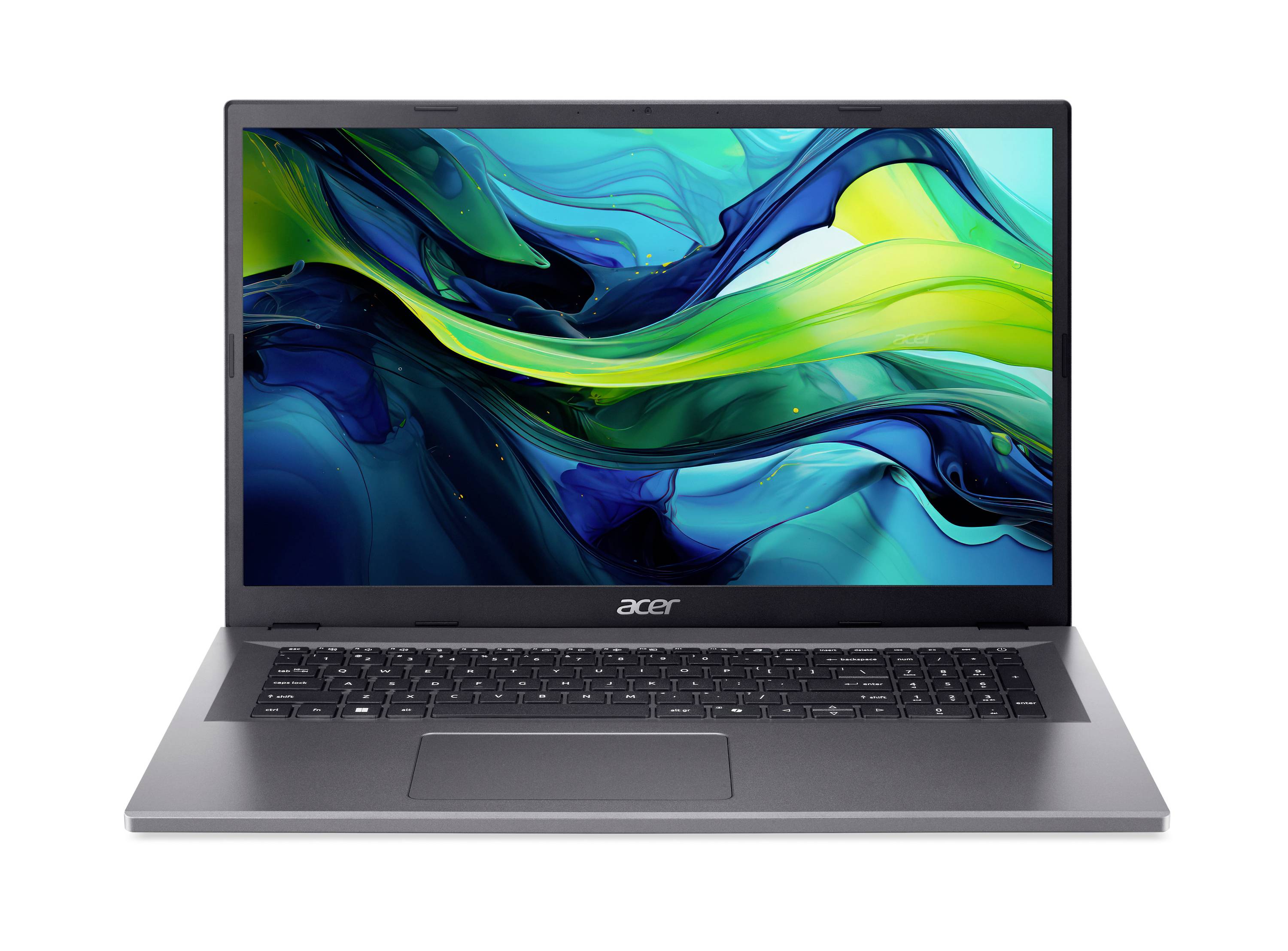Vorderansicht eines geöffneten Acer-Laptops auf weißem Hintergrund, auf dem Bildschirm ist eine bunte abstrakte Wellen-Tapete zu sehen.