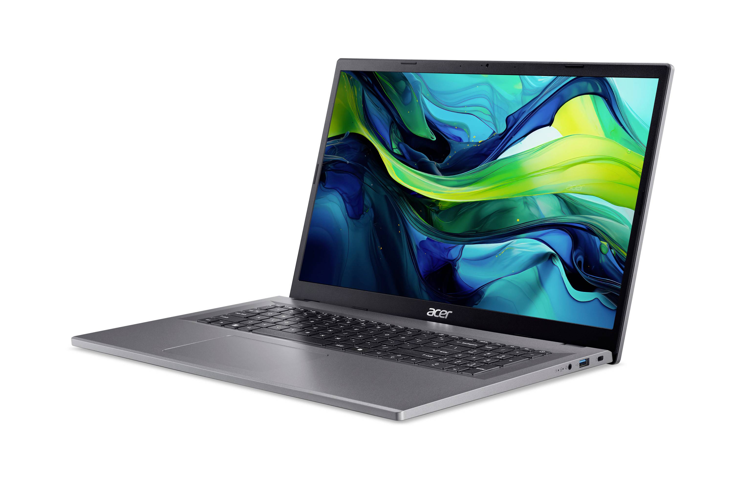 Acer-Laptop in einer 3/4-Ansicht mit geöffnetem Bildschirm, der ein farbenfrohes abstraktes Hintergrundbild auf weißem Hintergrund zeigt.