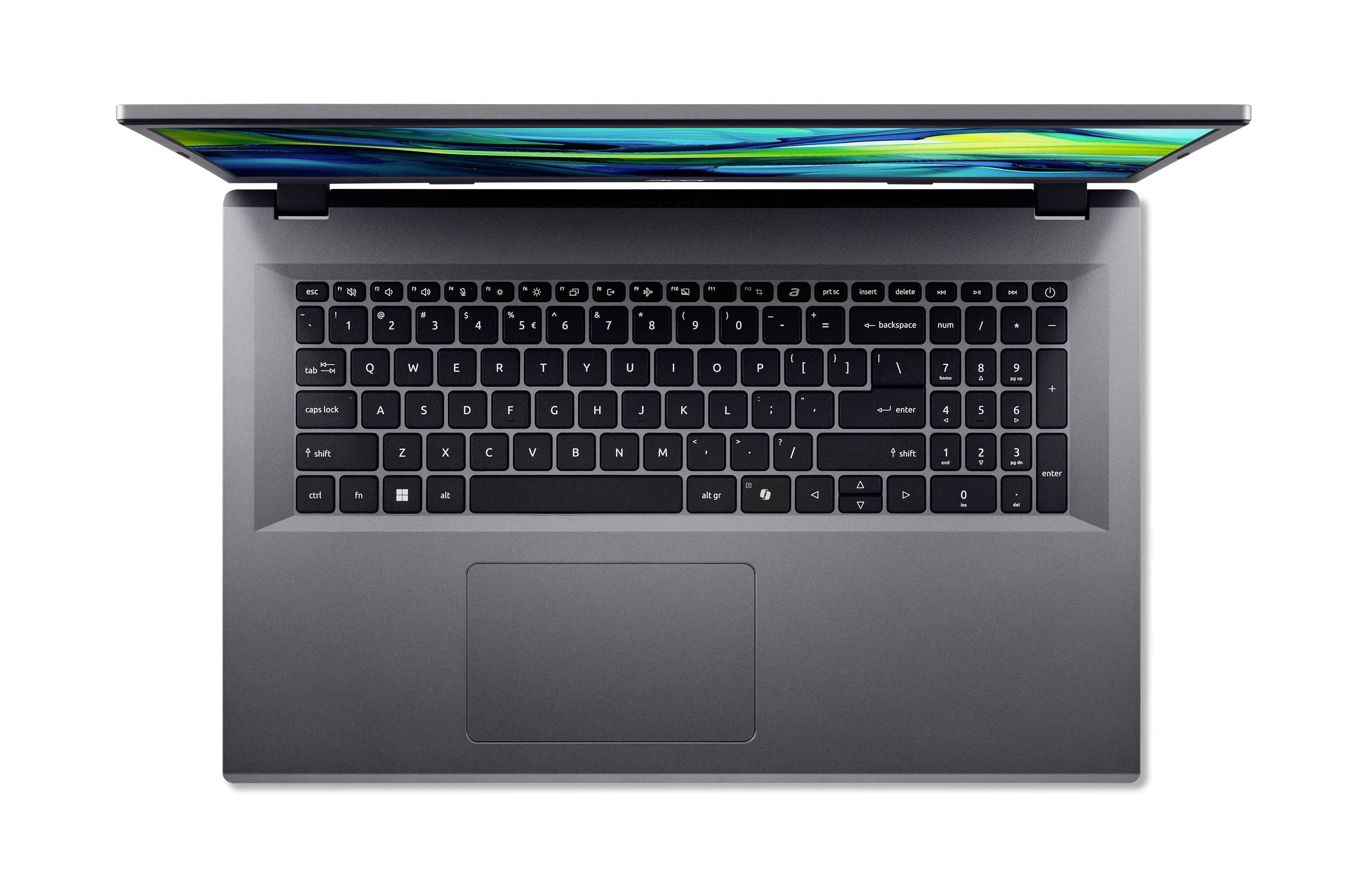Draufsicht auf einen offenen Laptop mit Tastatur und großem Trackpad auf weißem Hintergrund.
