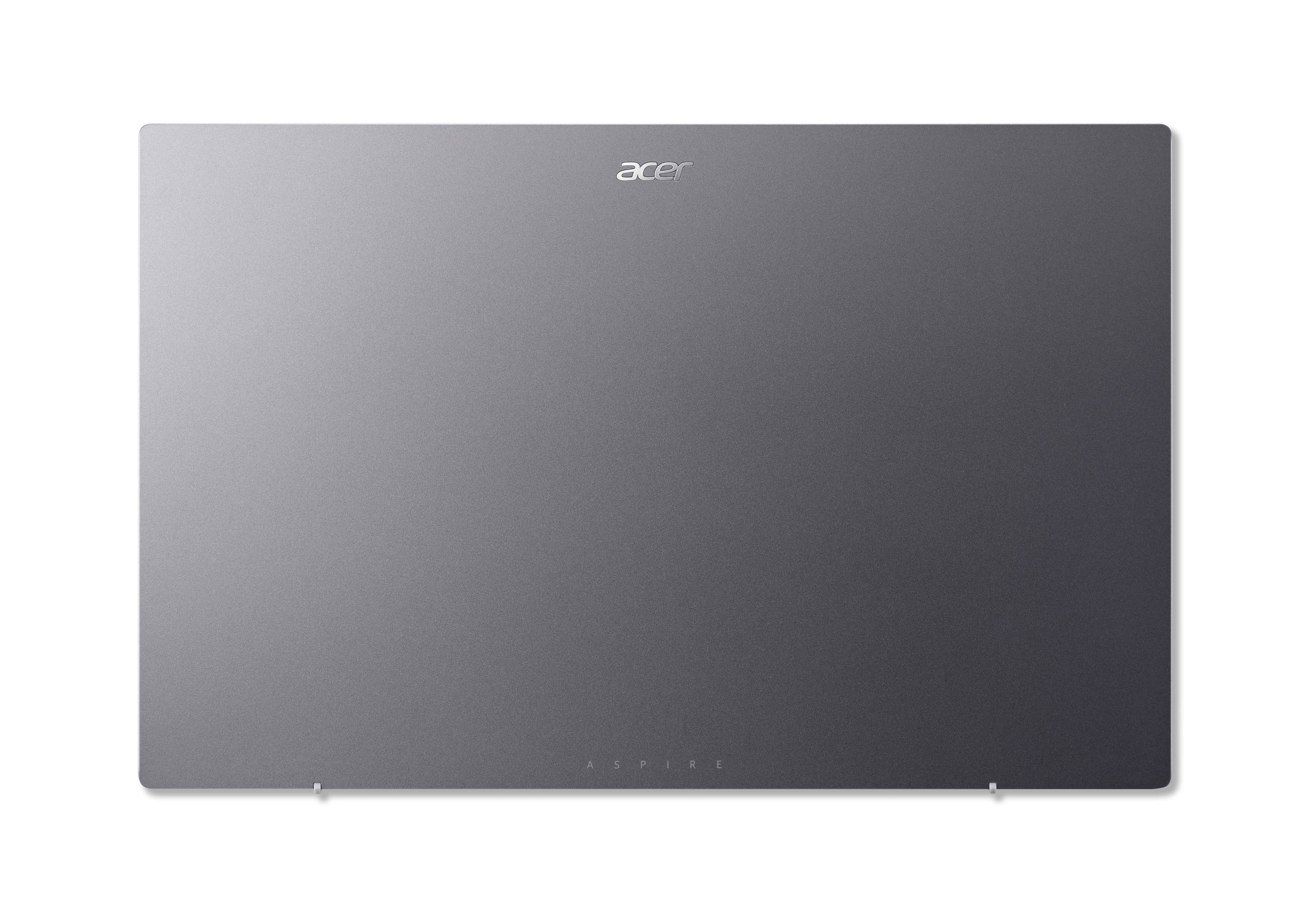 Geschlossener Acer-Laptop mit Deckel von oben auf weißem Hintergrund, mit dunkelgrauer metallischer Oberfläche und zentriertem Acer-Logo.