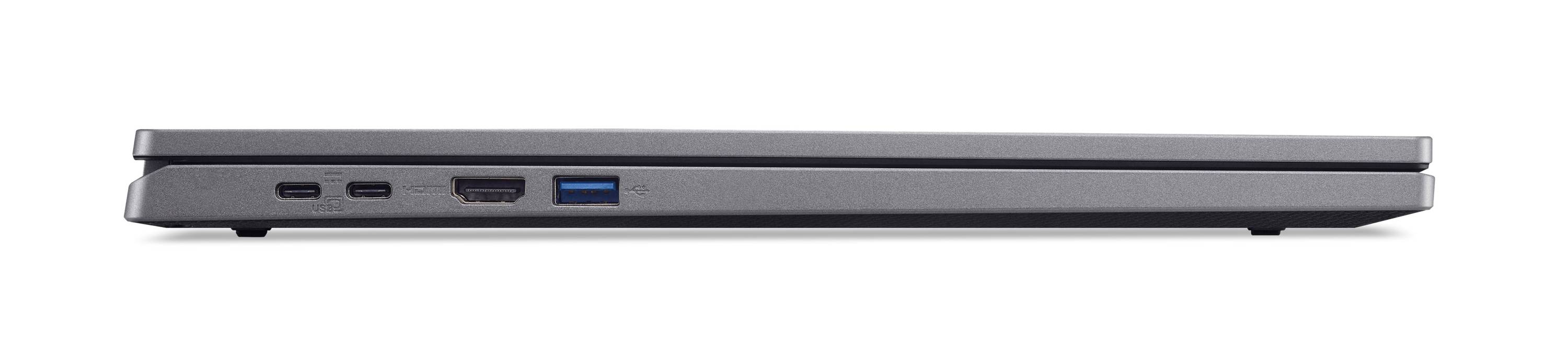 Seitenansicht eines geschlossenen silbernen Laptops, der sein dünnes Profil und die Anschlüsse auf der linken Seite zeigt, einschließlich USB- und HDMI-Verbindungen.
