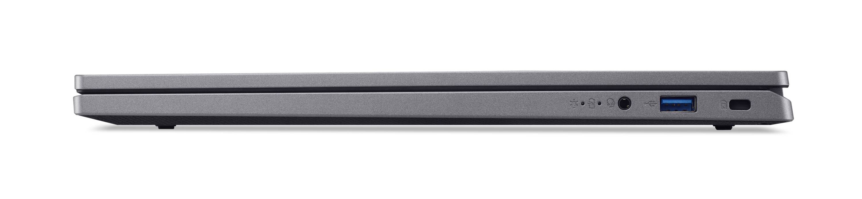 Seitenansicht eines geschlossenen silbernen Laptops mit dünnem Profil, das Anschlüsse an der rechten Kante zeigt.