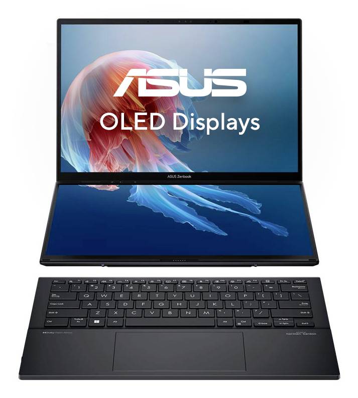 ASUS Zenbook Laptop mit zwei OLED-Displays, aufgeklappt dargestellt, mit 