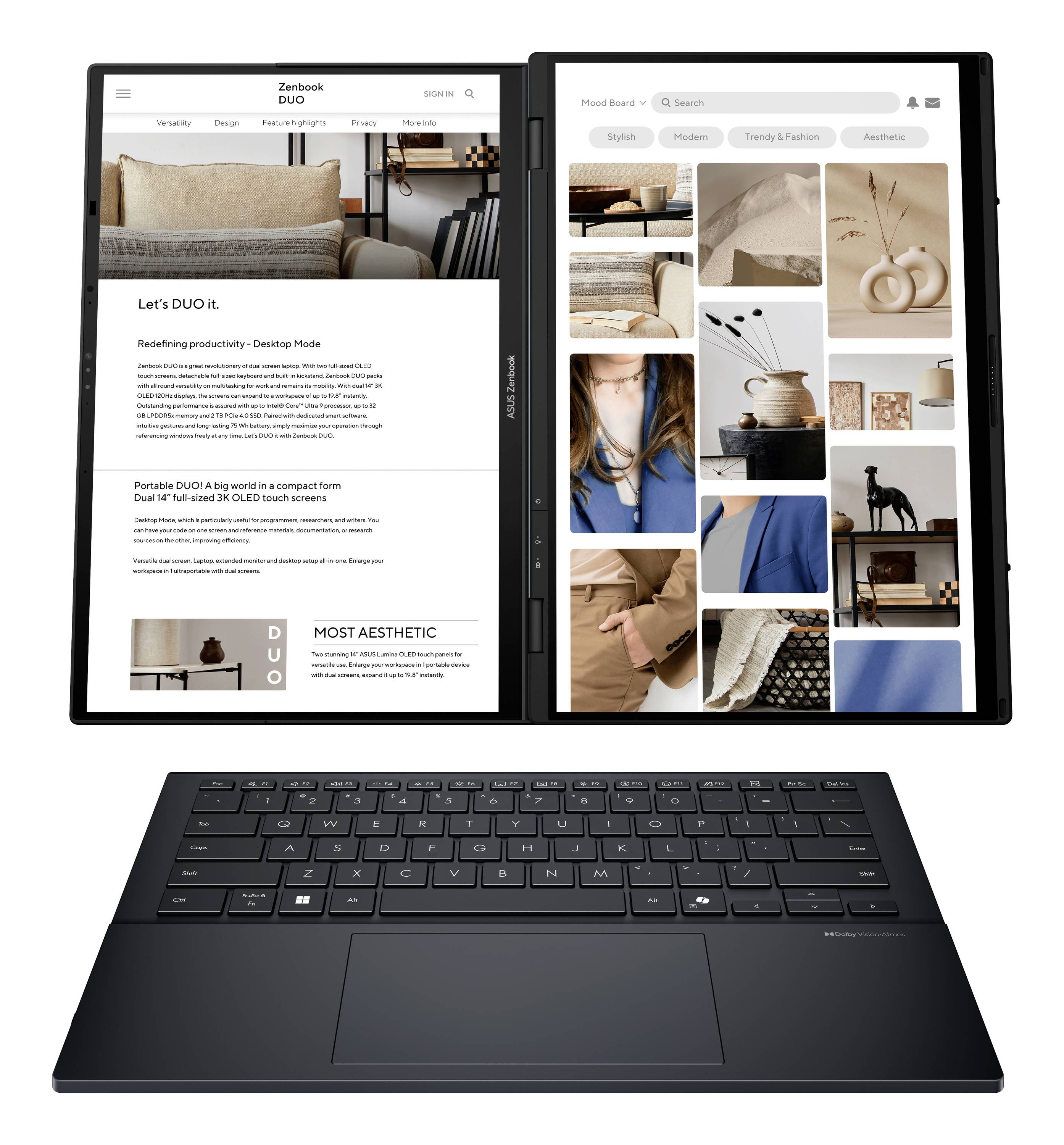 Faltbarer Lenovo Yoga Laptop mit Dual-Screen-Display und Keyboard-Dock, der eine Webseite auf einem Bildschirm und ein Stimmungsboard-Bildergitter auf dem anderen anzeigt.