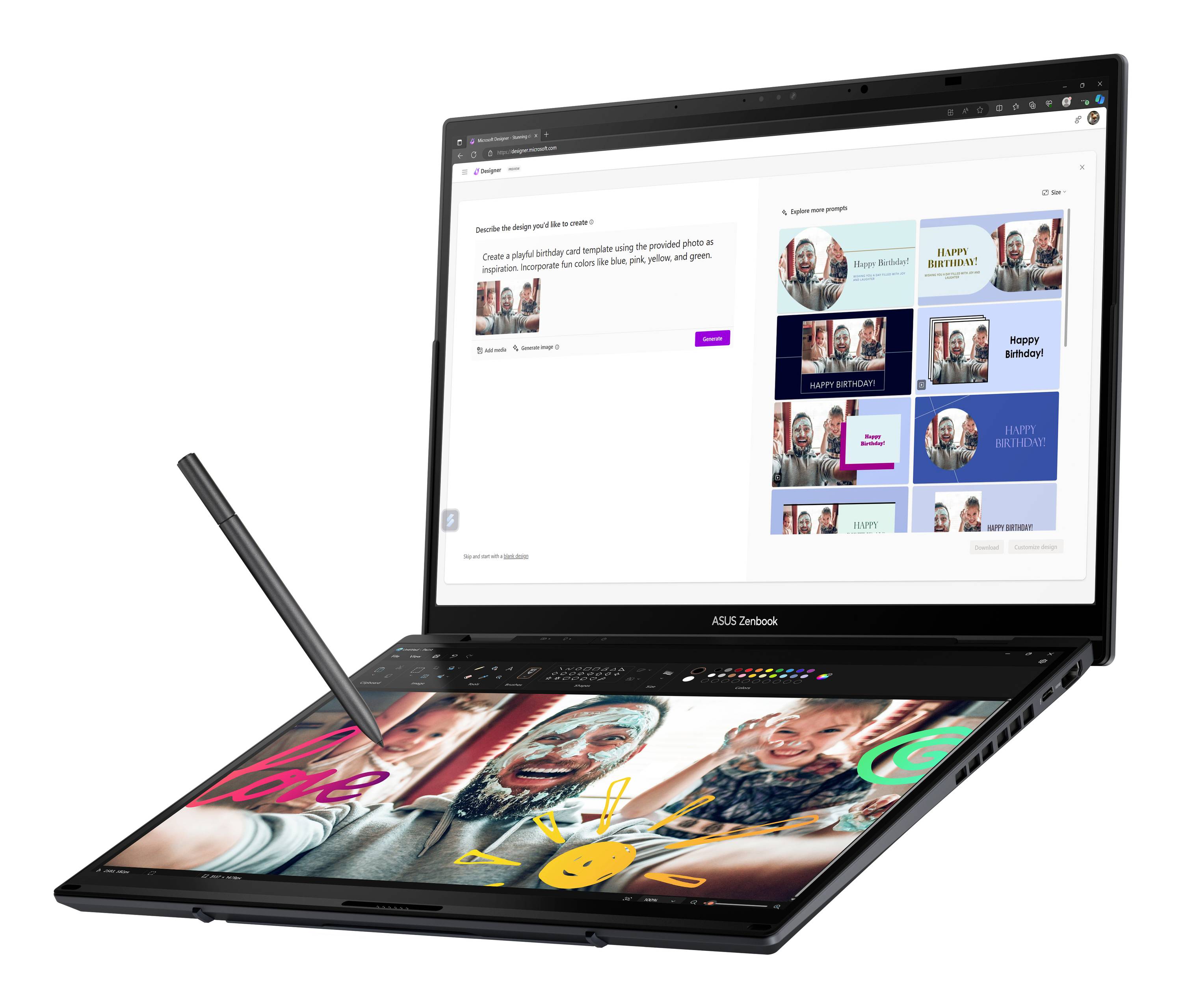 Zwei-Bildschirm-ASUS Zenbook mit Stylus, der einen Foto-Bearbeitungs- oder Design-Arbeitsbereich auf dem Hauptdisplay und eine Geburtstagskartenvorlagen-Galerie auf dem Sekundärdisplay zeigt.