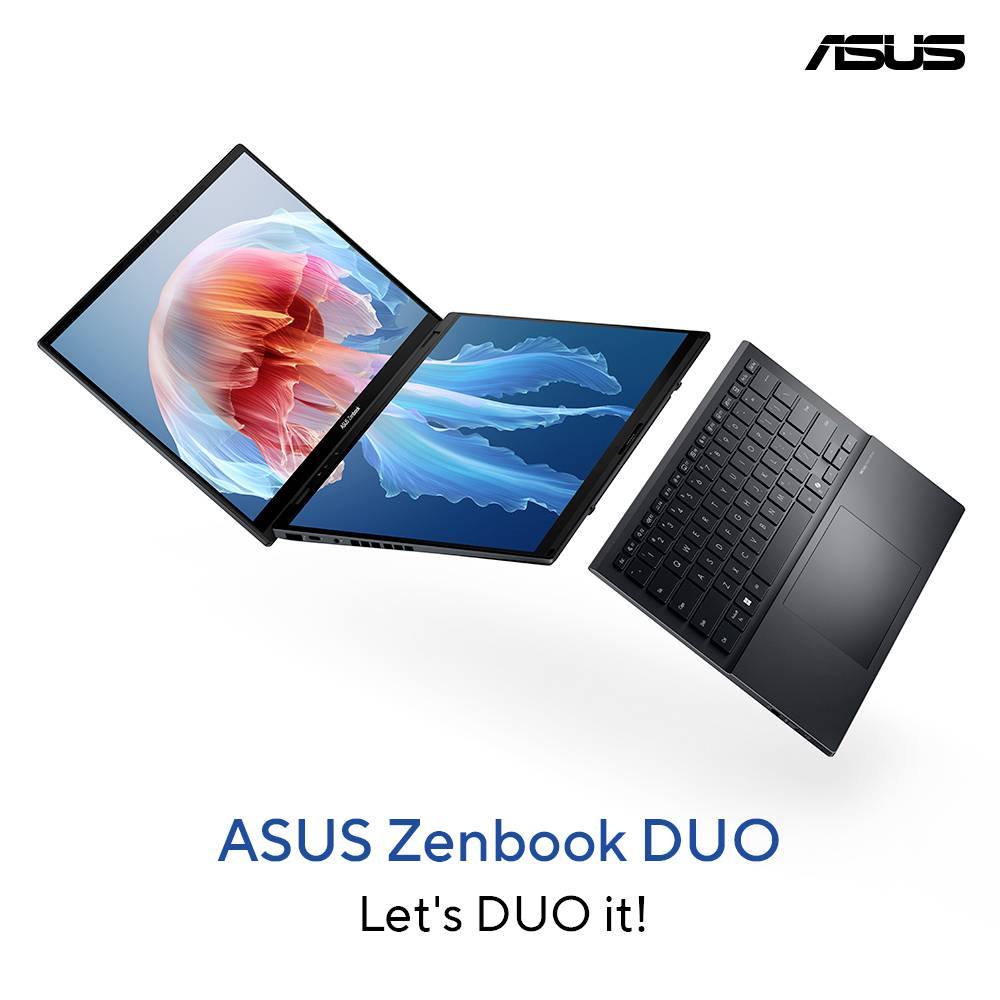 ASUS Zenbook DUO Laptop mit zwei übereinander angeordneten Bildschirmen und abnehmbarer Tastatur; Text lautet „Lass uns DUO machen!"