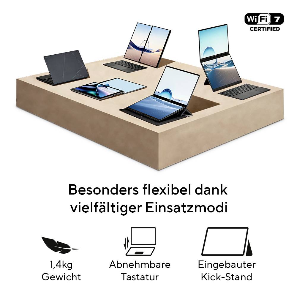Werbegrafikum eines faltbaren Laptops in mehreren Modi mit Hervorhebung von 1,4 kg Gewicht, abnehmbarer Tastatur, eingebautem Ständer und Wi-Fi-7-Zertifizierung.