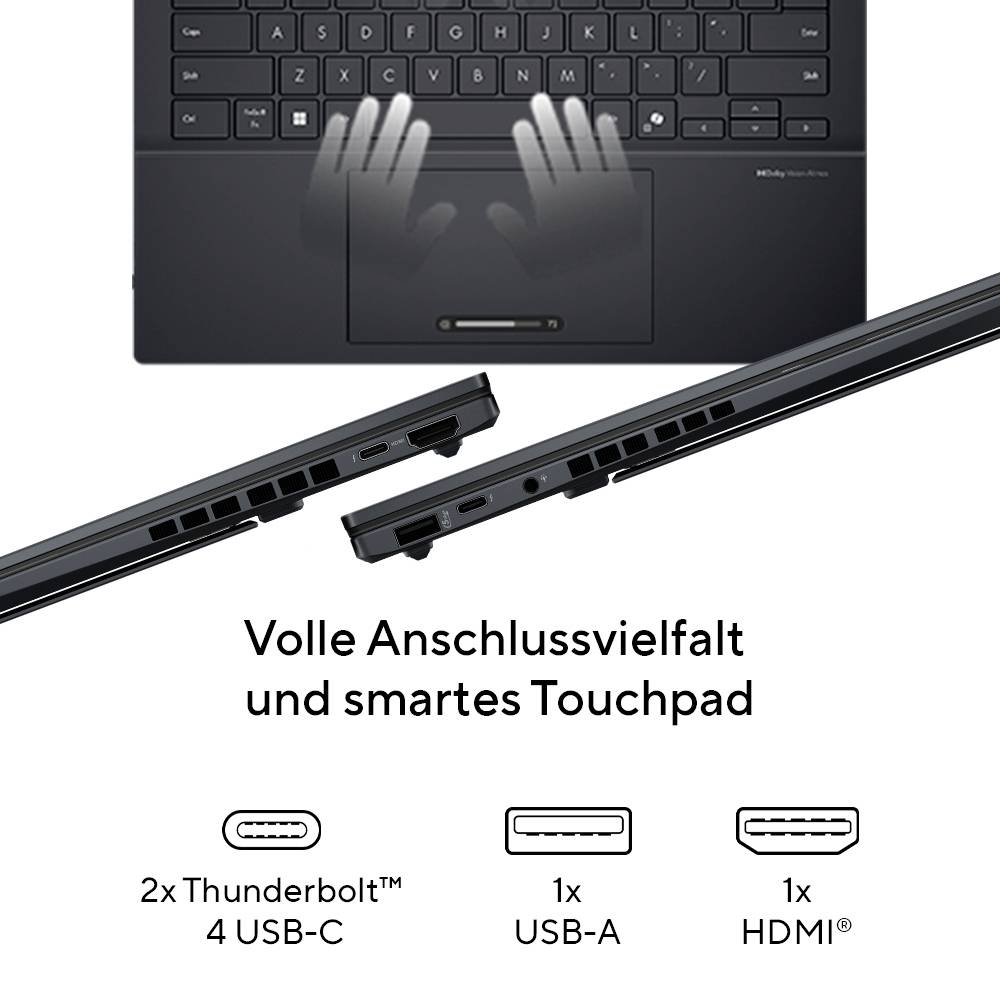 Laptop mit intelligentem Touchpad und mehreren Anschlüssen: 2x Thunderbolt 4 USB-C, 1x USB-A und 1x HDMI.