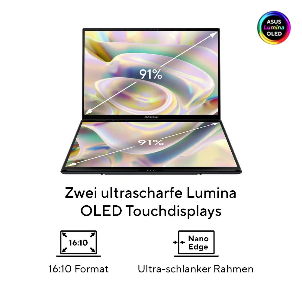 Werbung für einen Dual-Screen-ASUS-Laptop mit zwei 91%-Lumina-OLED-Touchdisplays im 16:10-Format und ultraschlanken Rahmen.
