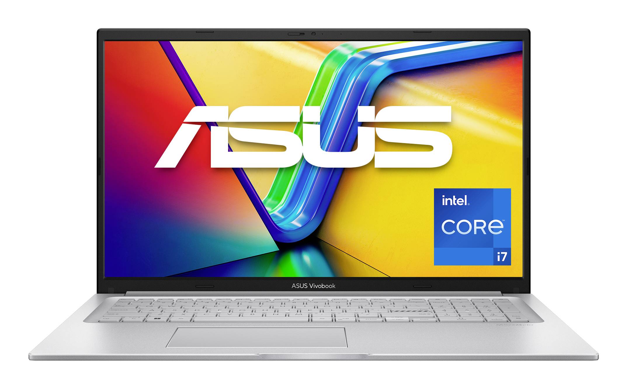 ASUS Vivobook Laptop mit farbenfrohem Bildschirm, der das ASUS-Logo und das Intel Core i7-Abzeichen anzeigt
