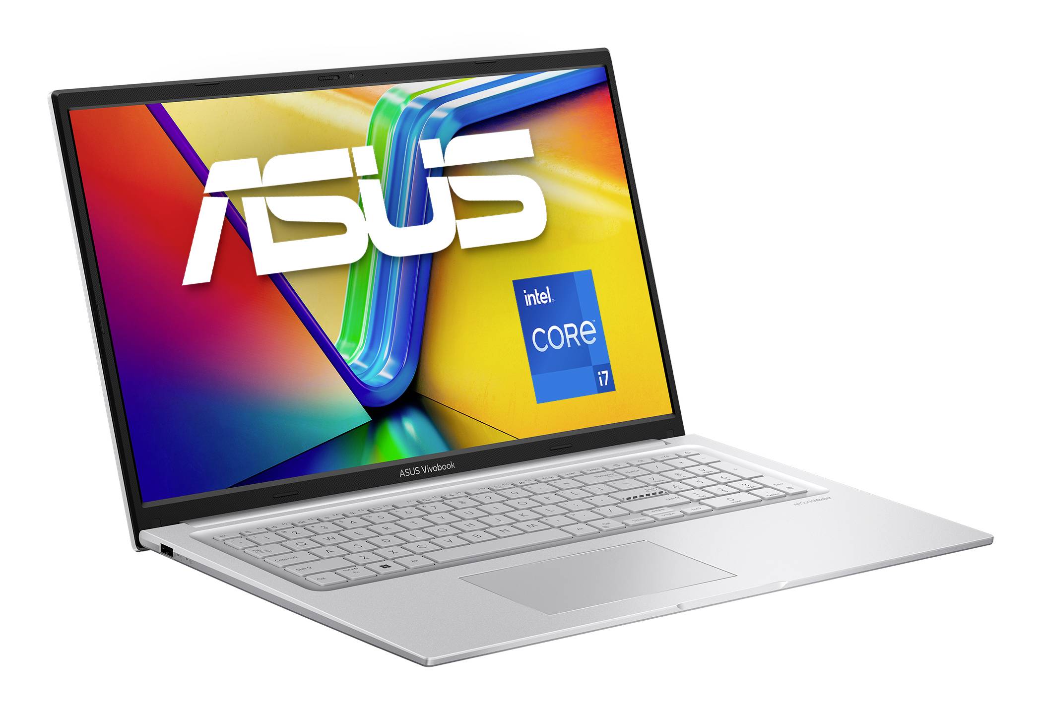Silberner ASUS-Laptop, geöffnet auf weißem Hintergrund, mit farbenfrohem ASUS-Branding und einem Intel Core i7-Abzeichen auf dem Bildschirm.