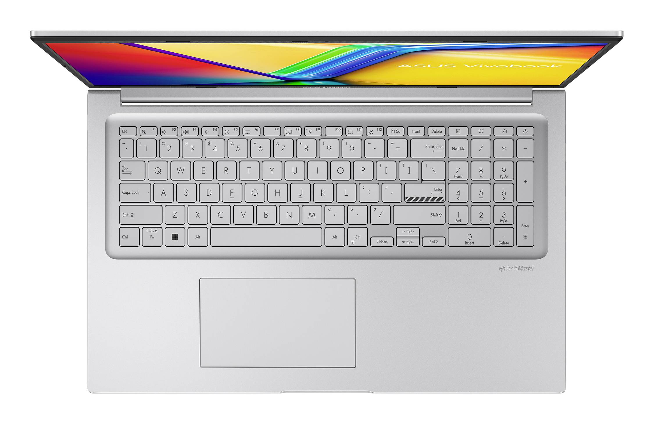Draufsicht auf einen silbernen Laptop mit geöffnetem Bildschirm, der ein buntes abstraktes Hintergrundbild, die Tastatur und ein großes Touchpad zeigt.